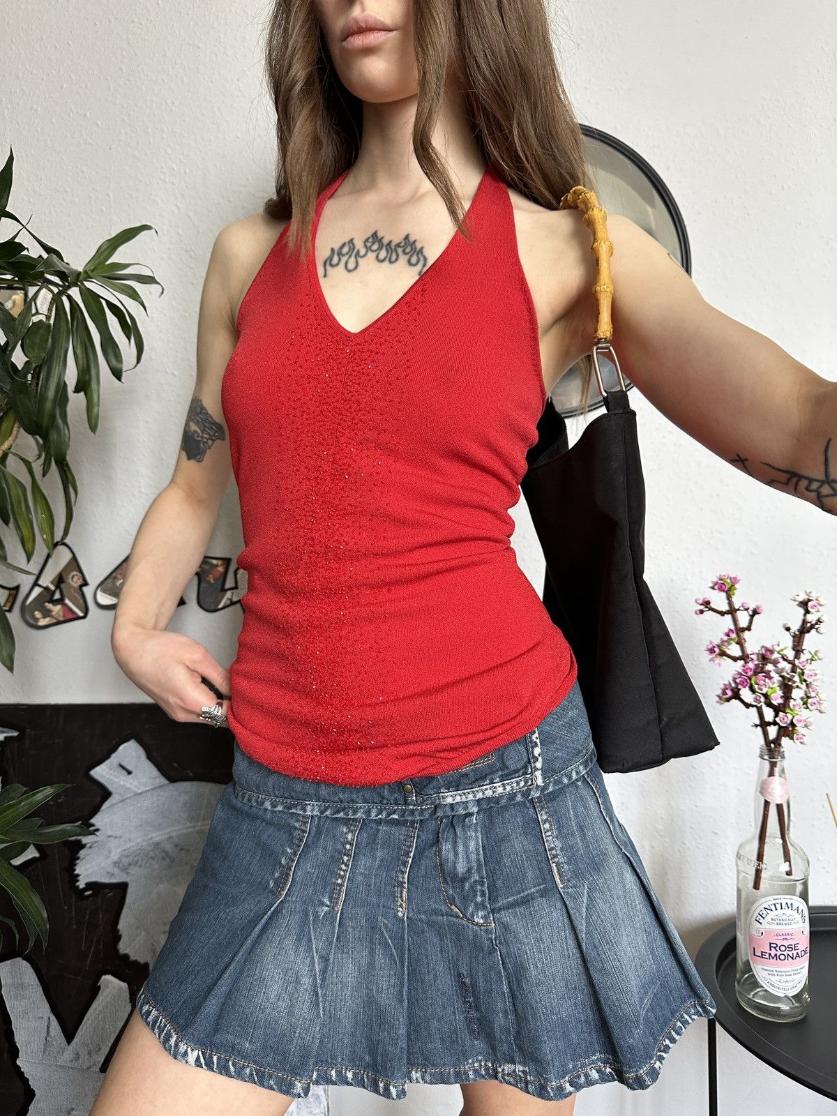 Vintage Halter Slim Beaded Sheath Sexy Red Crop Top y2k Size M / US 6-8 / IT 42-44 - 1 Thumbnail