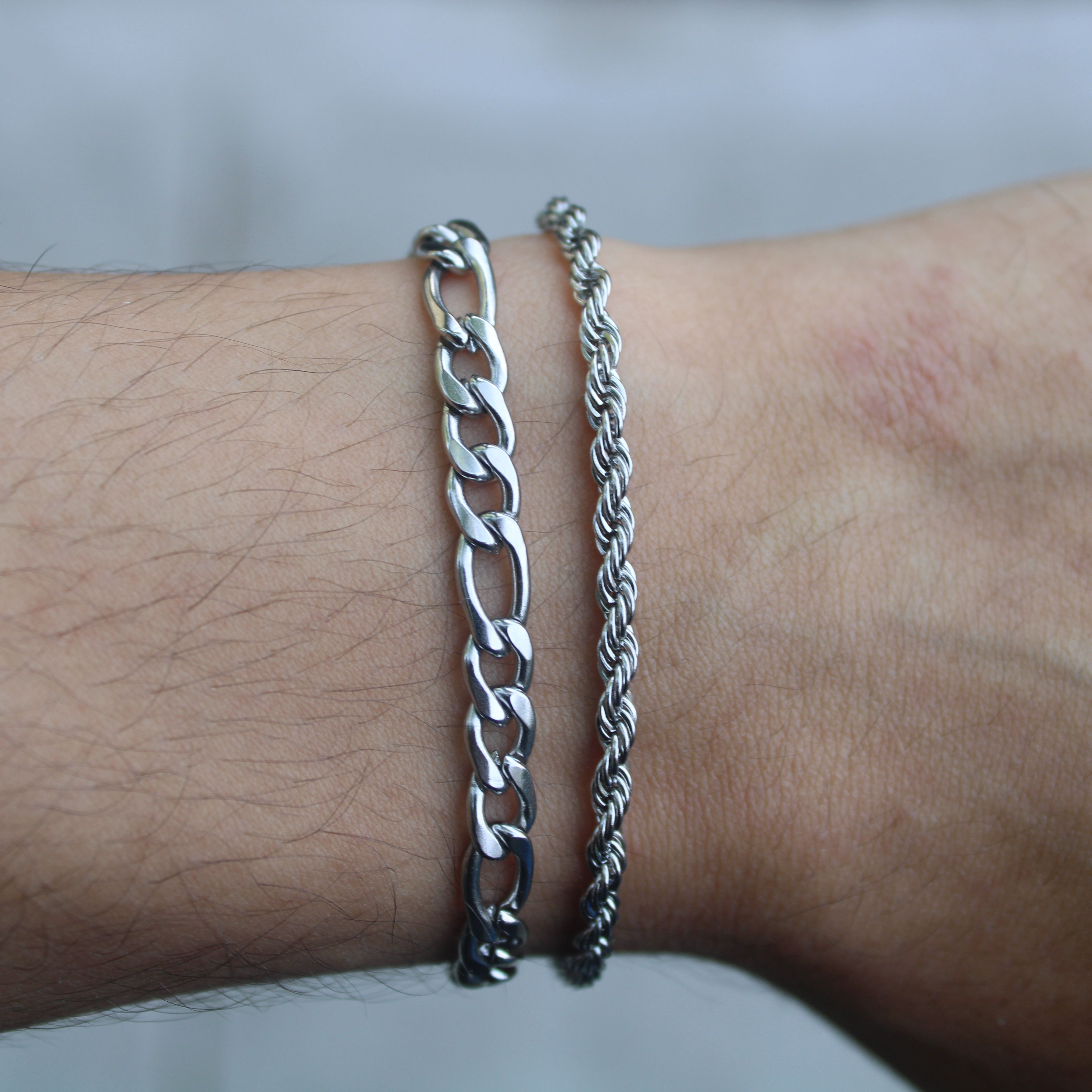 Jewelry Silver 5mm Figaro Link & 3mm Rope Bracelet Set Size ONE SIZE - 1 Thumbnail