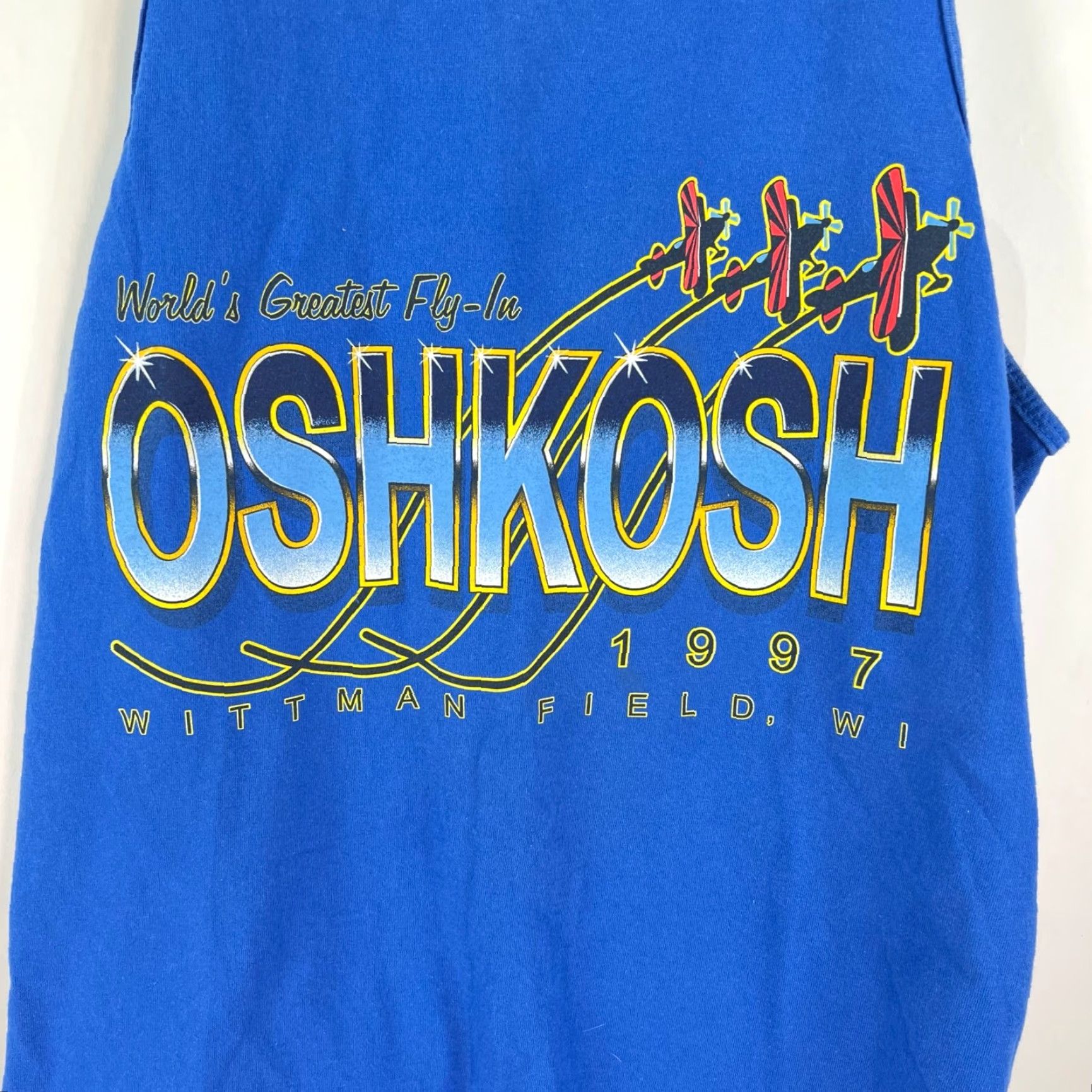 Vintage VINTAGE TSF Oshkosh Fly In 1997 Tank Top Adult Large Blue AOP Shirt Sleeveless 90s Logo Mens Size US L / EU 52-54 / 3 - 2 Thumbnail