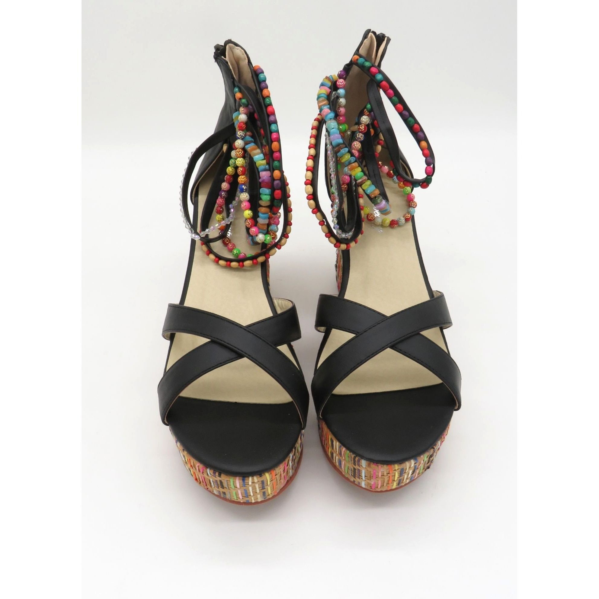 Other Get More Beauty Women's Black Wedge Sandals Multicolor Beade Size US 10 / IT 40 - 2 Thumbnail
