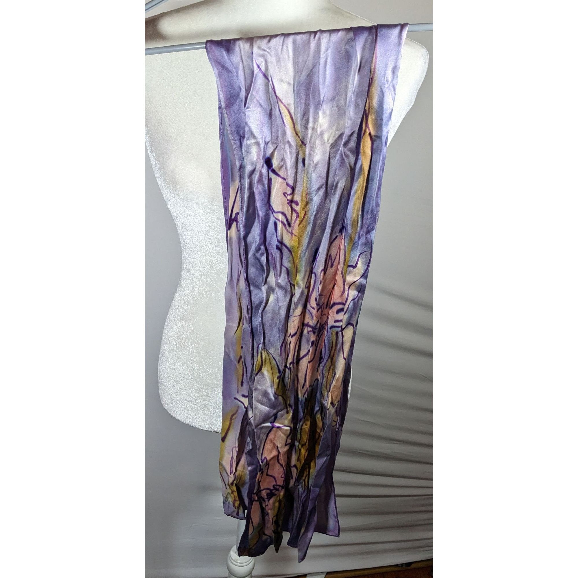 Other Abstract Floral Hand Painted Signed Purple Silk Art Scarf Size ONE SIZE - 7 Thumbnail