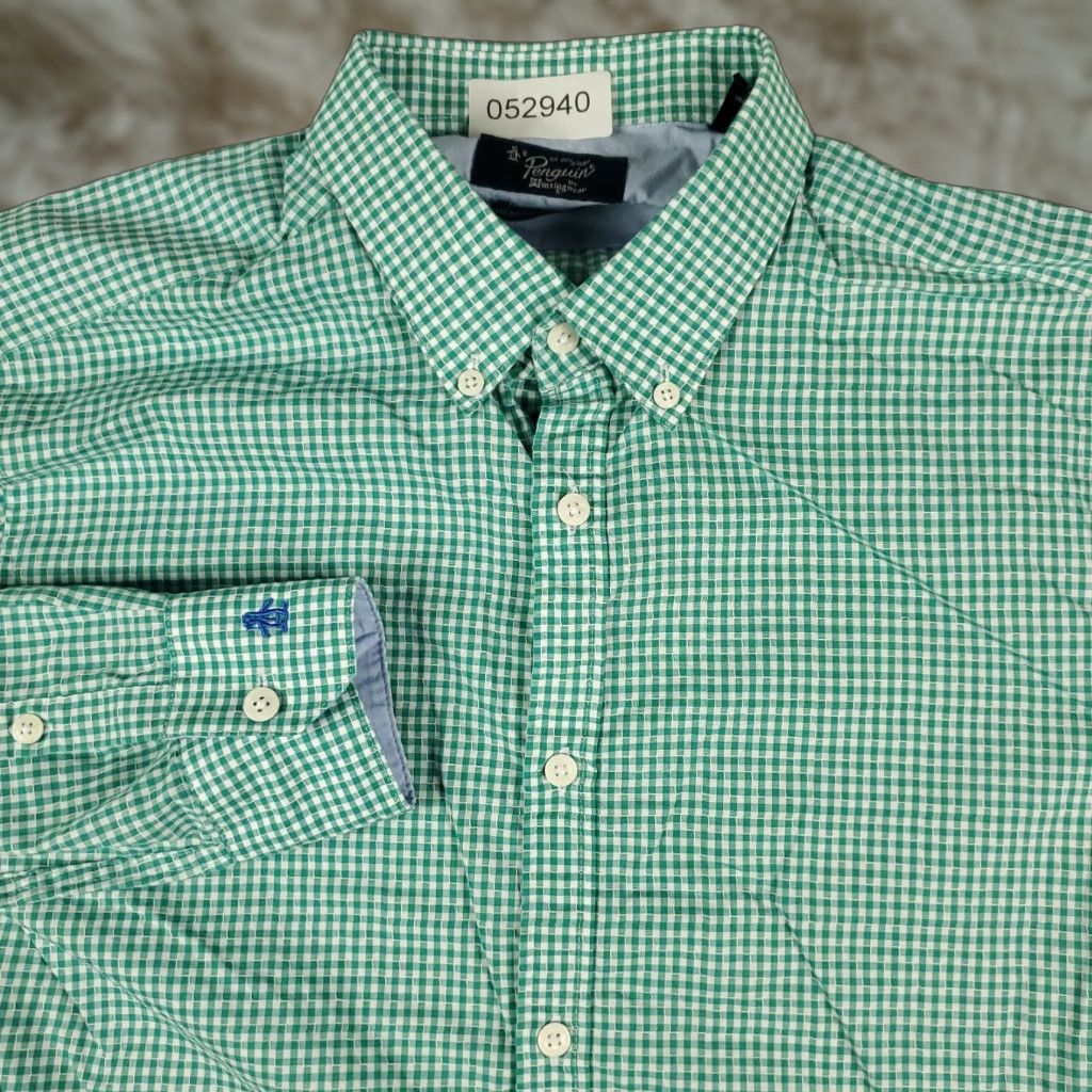 Vintage Penguin Dress Shirt Mens 15.5 Green Check Long Sleeve Button Up Casual Business Size 40R - 1 Thumbnail
