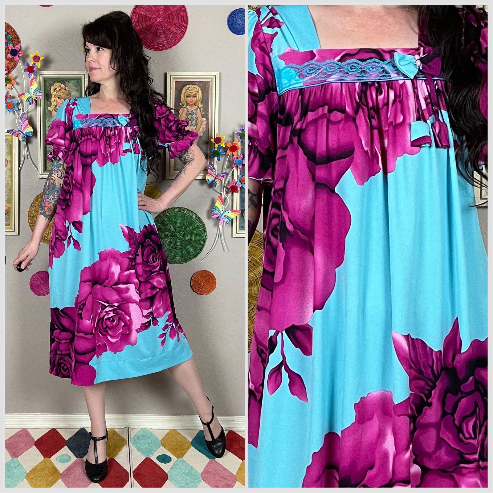 Handmade × Vintage 70s Blue Floral Print Short Puffy Sleeve House Dress Muumuu Size M / US 6-8 / IT 42-44 - 1 Thumbnail