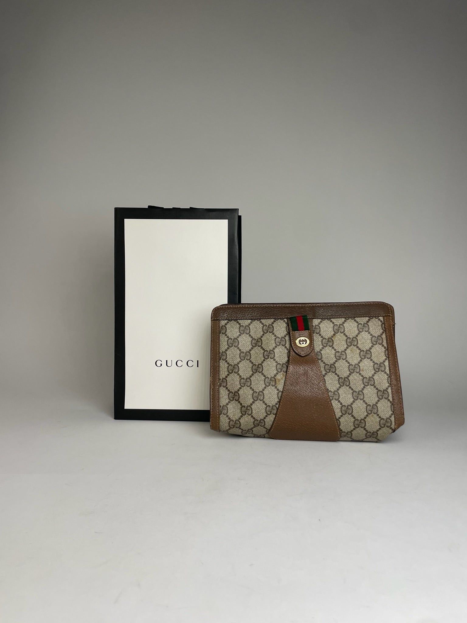 Gucci Vintage Ophidia Leather Clutch Grey Brown Size ONE SIZE - 1 Thumbnail