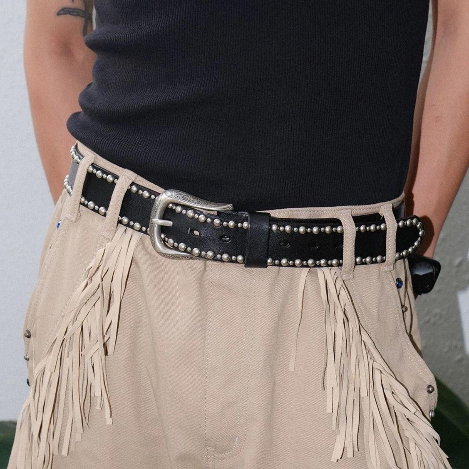Japanese Brand Unisex Genuine Leather Studded Pin Buckle Belt Size ONE SIZE - 3 Thumbnail