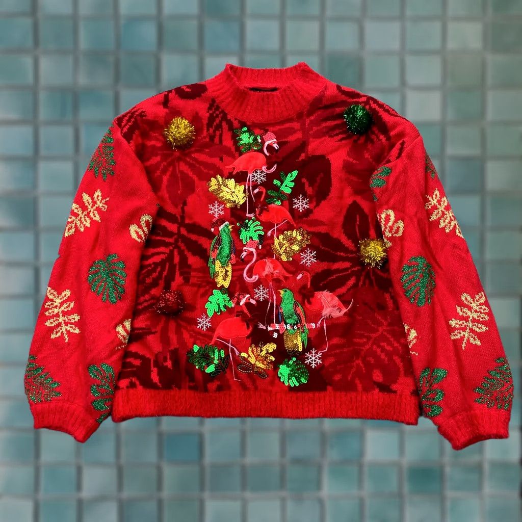 Vintage 33 Degrees Sweater Womens Small Red Flamingo Bells Tinsel Sequins Ugly Christmas Size S / US 4 / IT 40 - 1 Thumbnail