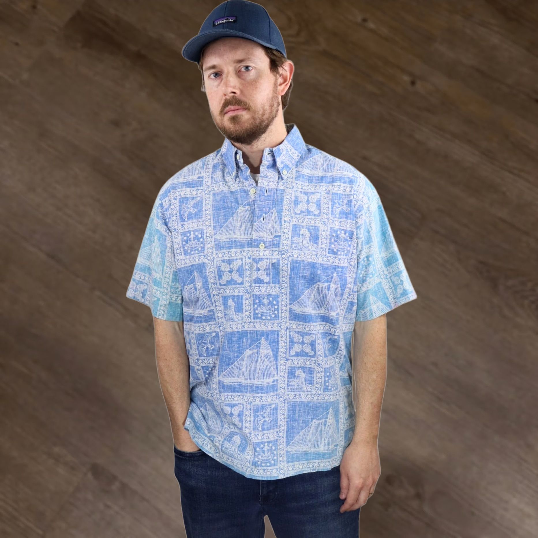 Reyn Spooner VINTAGE Reyn Spooner Hawaiian Shirt Mens Large Reverse Print Sailing Bird 80s 90s Floral Aztec Tribal Blue Cotton Button-Up Camp Shirt Size US L / EU 52-54 / 3 - 1 Thumbnail
