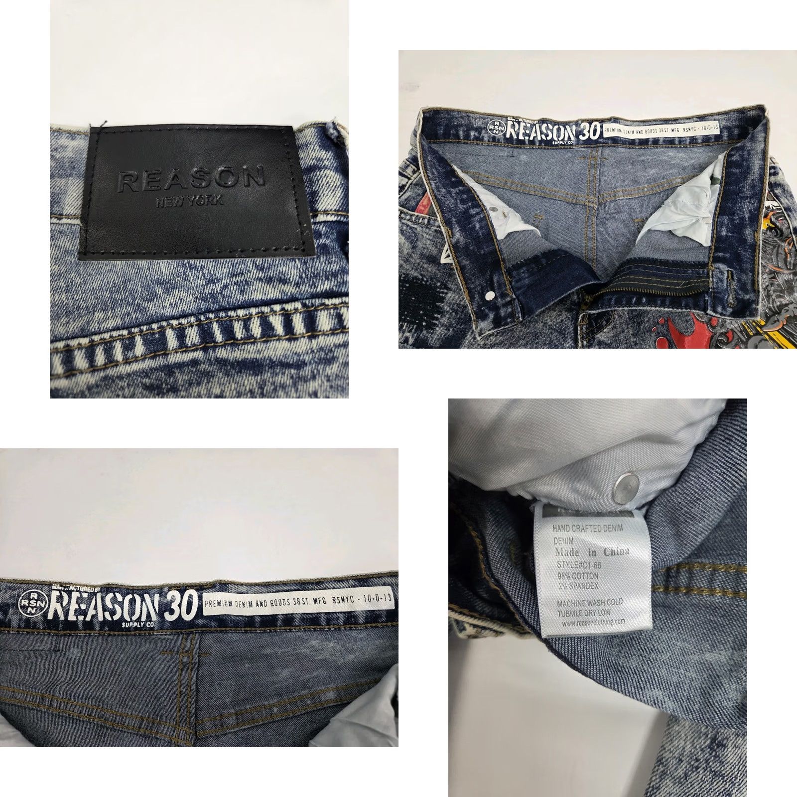 Reason REASON Supply Co. Jeans Men 31 Stretch Graphic Paint Denim Zip 32 Inseam Multicolor Medium Wash Distressed Logo Pockets Straight Across Seasons Size US 31 - 9 Thumbnail