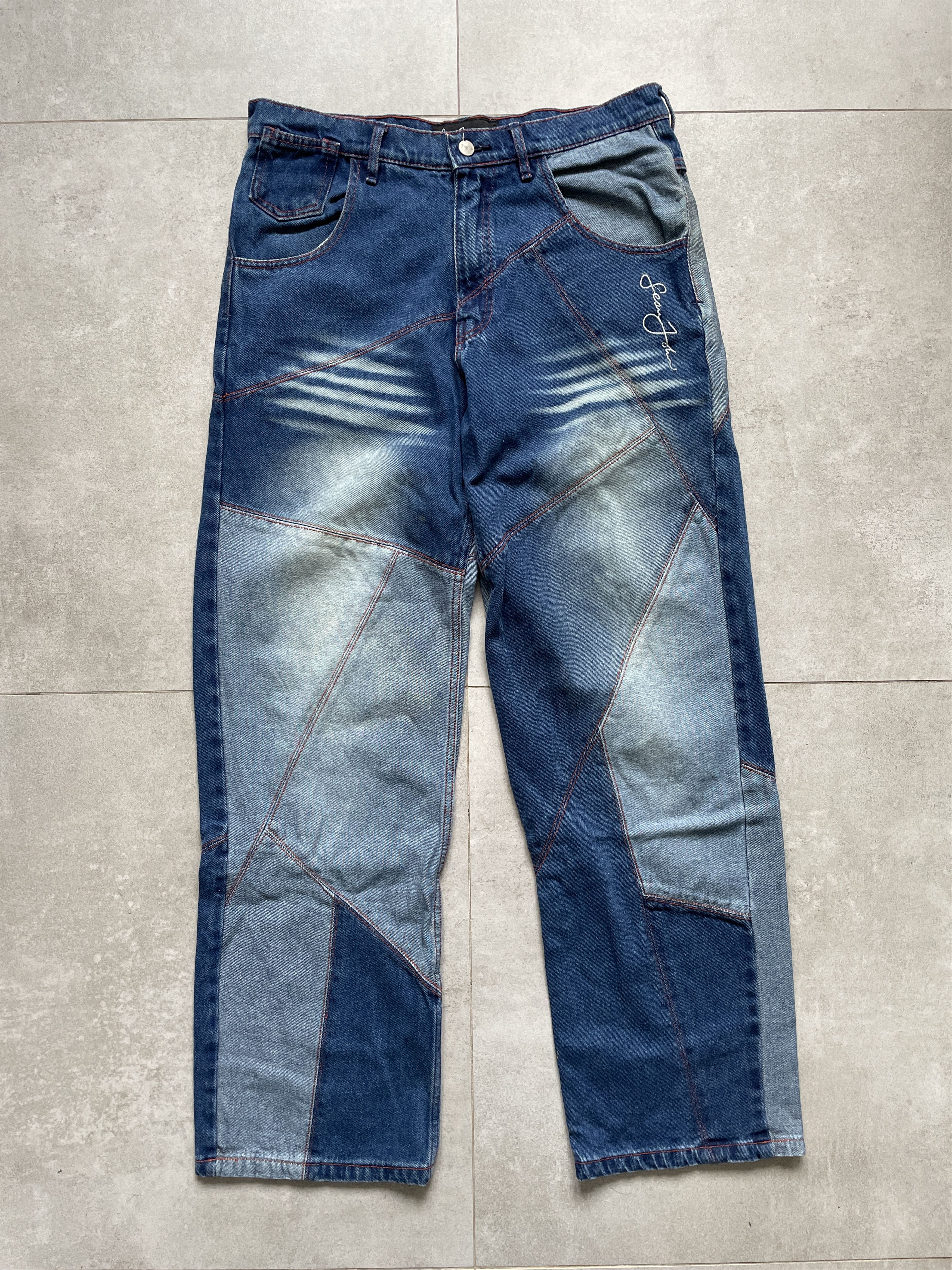 Sean John VINTAGE Y2K PATCHWORK SEAN JOHN WIDE LEG BAGGY DENIM JEANS Size US 34 / EU 50 - 1 Thumbnail