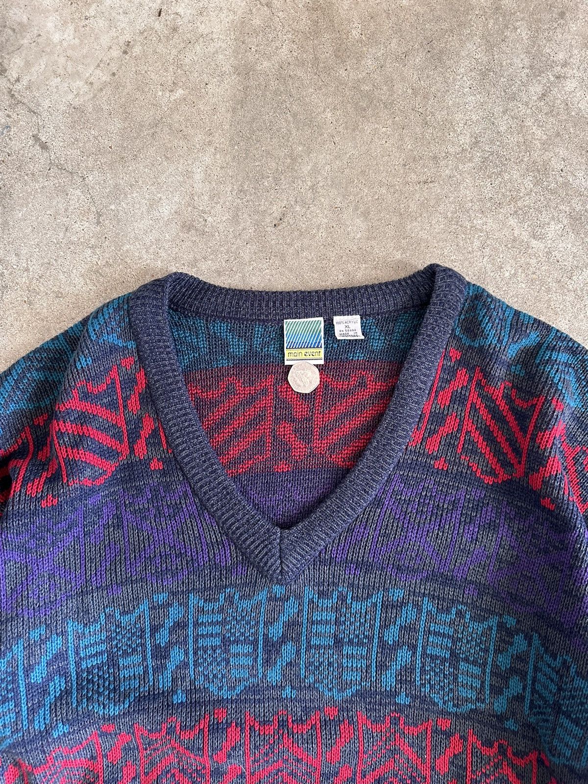 Vintage 90s Main Event Pattern V-Neck Sweater Size US XL / EU 56 / 4 - 2 Thumbnail