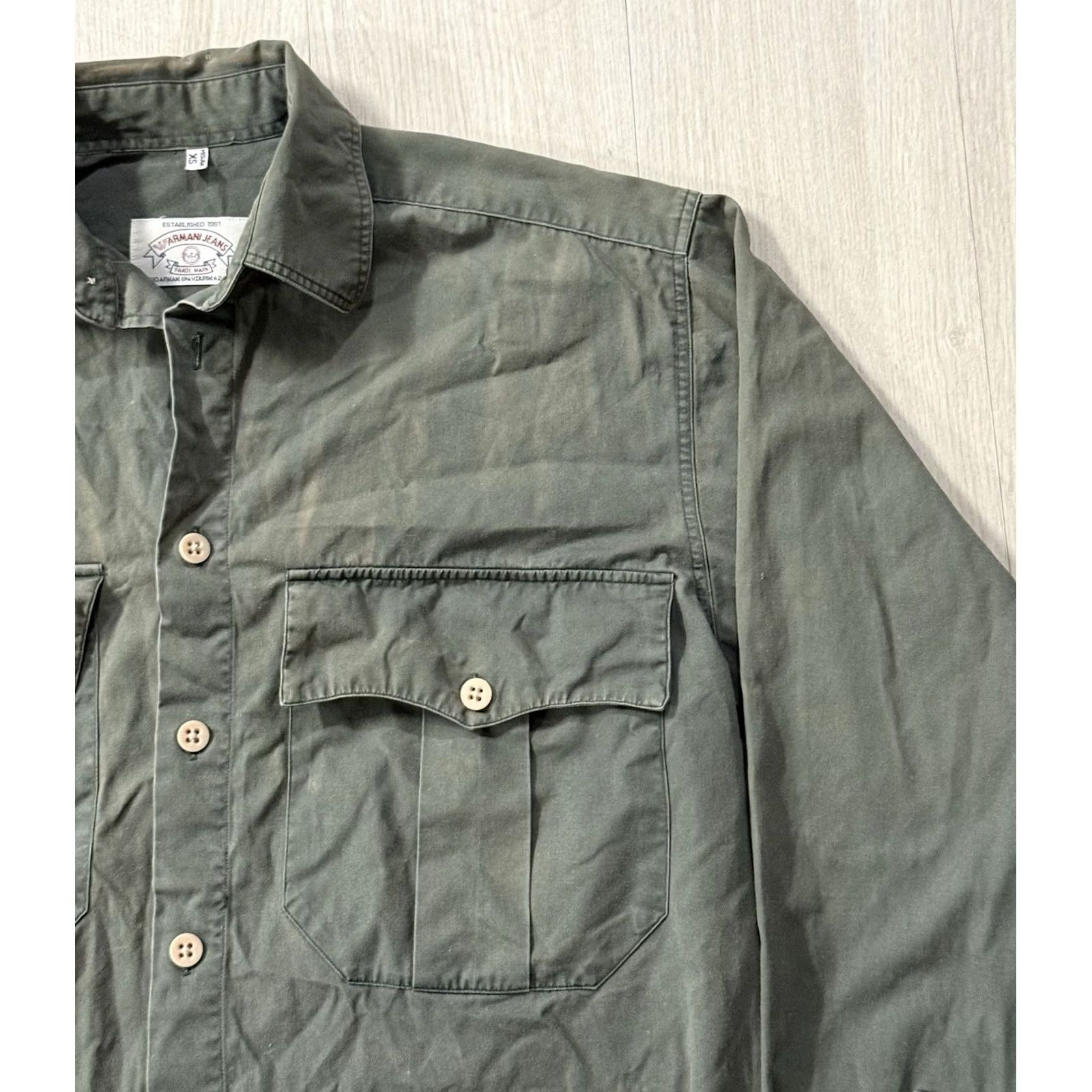 Vintage VINTAGE Armani Jeans Military Button Down Longsleeve Shirt XS FIT: S/M Italy Shirt Mens Cotton Olive Green 80s Slim? Size US XS / EU 42 / 0 - 3 Thumbnail