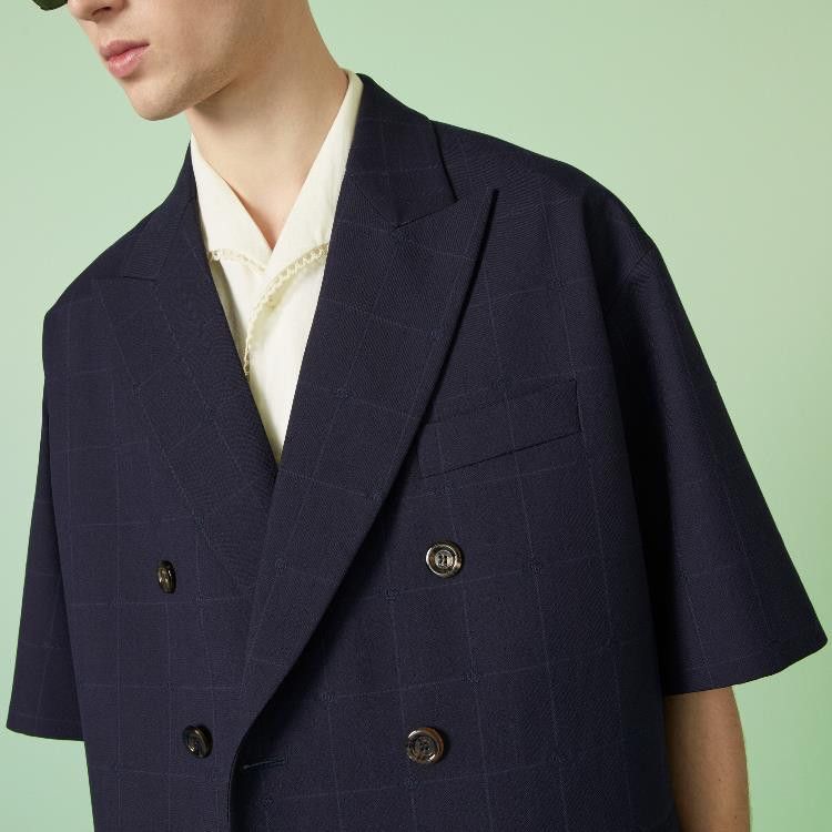 Gucci o1s1wg110125 Double G Check Wool Jacket in Navy Blue Size US M / EU 48-50 / 2 - 5 Thumbnail