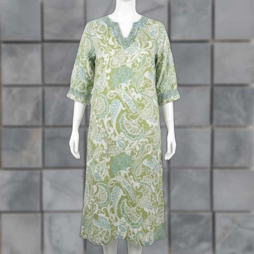Charter Club Charter Club Dress Womens L Green Paisley Maxi V-Neck Embroidered Cotton FLAW Size L / US 10 / IT 46 - 1 Thumbnail