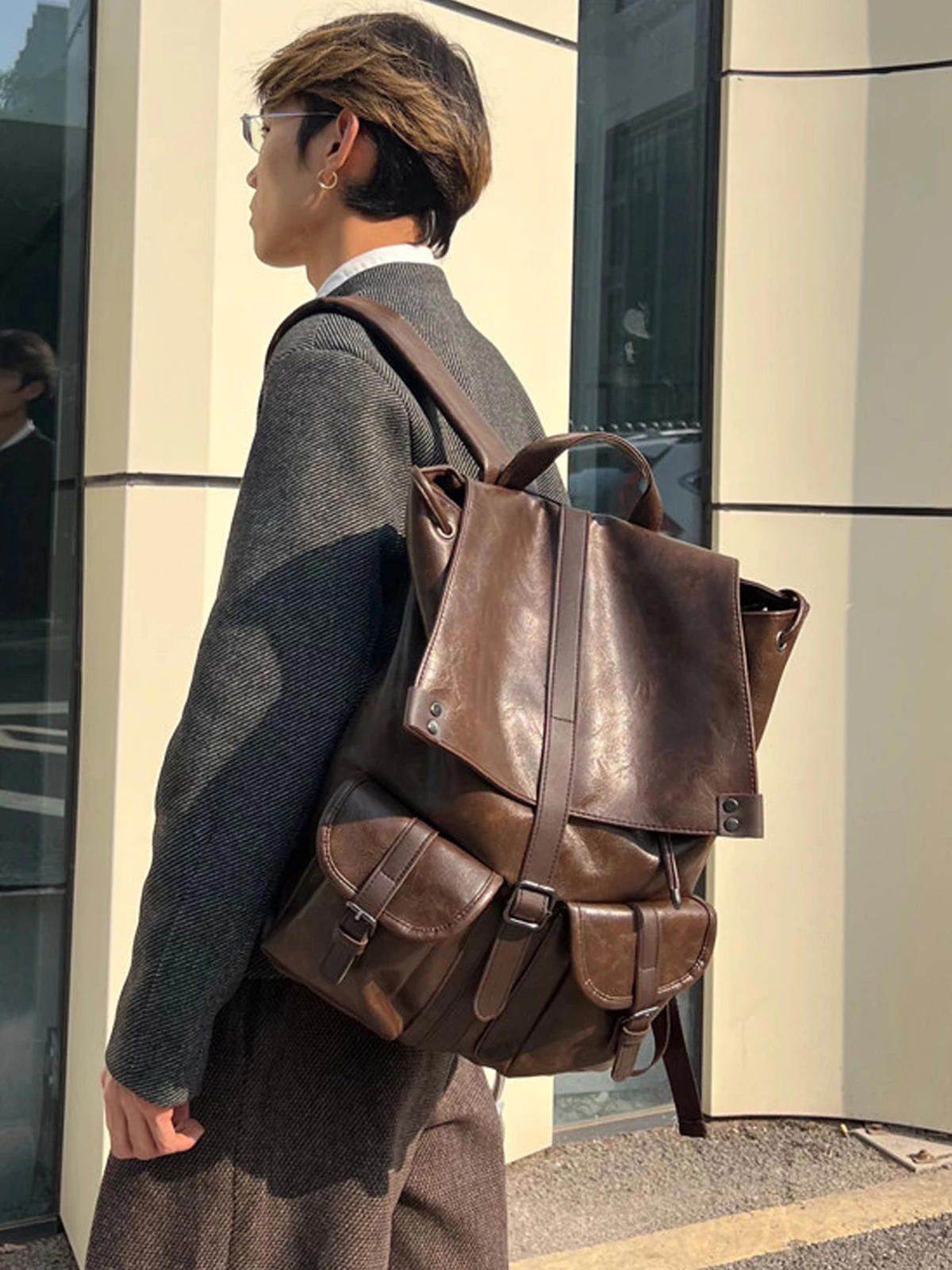 Leather Dark Brown Vintage Leather Backpack, Classic Rucksack Size ONE SIZE - 3 Thumbnail