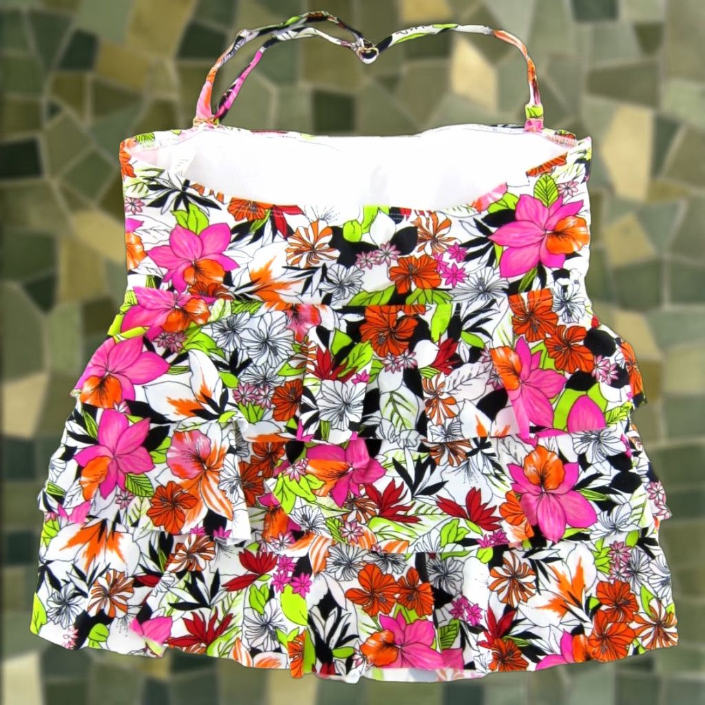 Vintage Island Escape Tankini Swim Top Built In Bra 12 White Pink Green Floral Tropical Size XL / US 12-14 / IT 48-50 - 1 Thumbnail