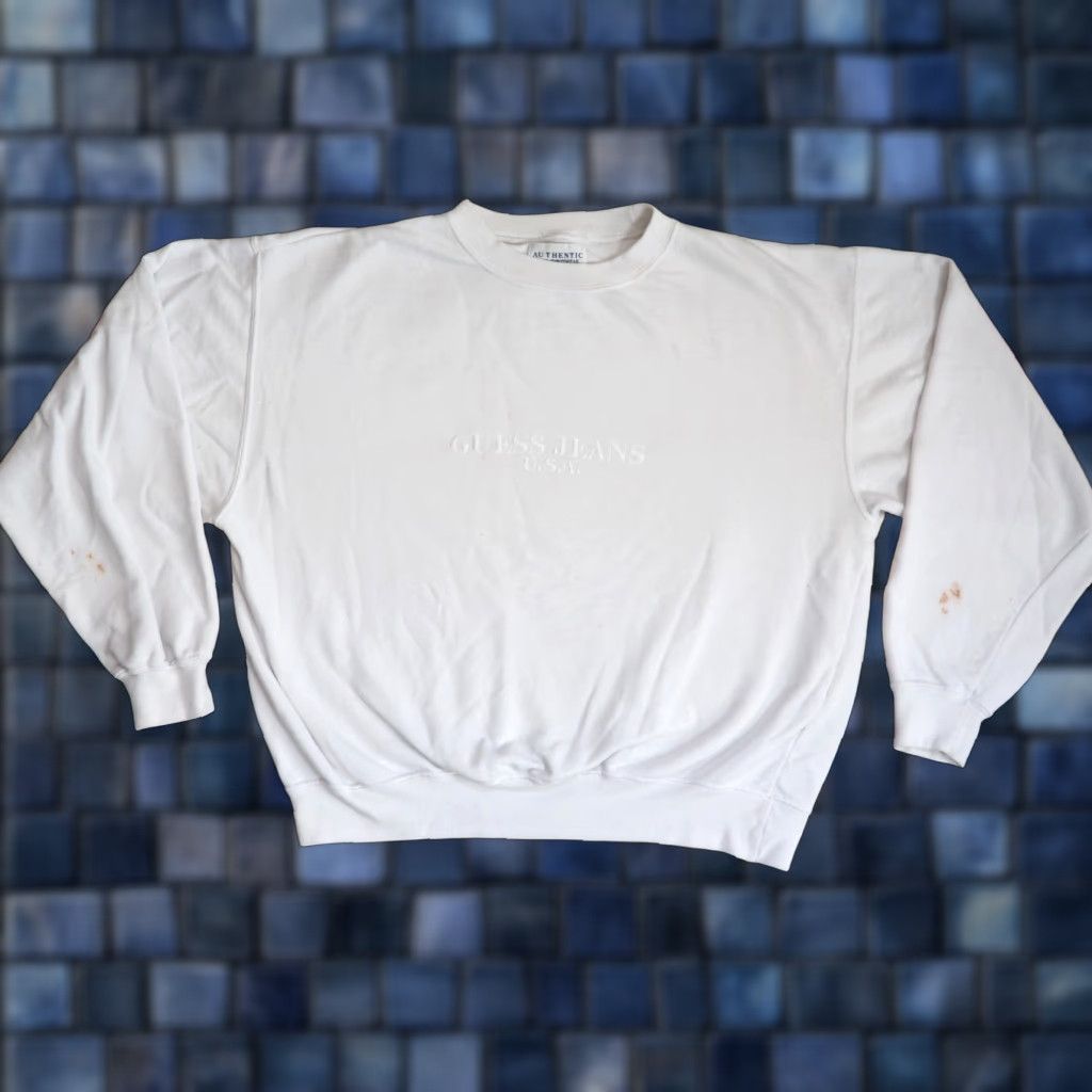 Guess VINTAGE GUESS Sweatshirt Unisex M White Crew Neck Pullover Logo USA Baggy Cotton Fleece Long Sleeve Winter Fall Spring All Seasons Mens Size US M / EU 48-50 / 2 - 1 Thumbnail