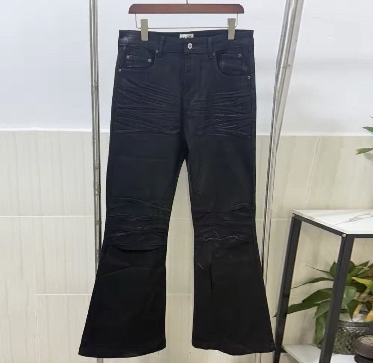 Japanese Brand × Jean Vinyl Coated Crease Denim Flared Jeans Size US 33 - 4 Thumbnail