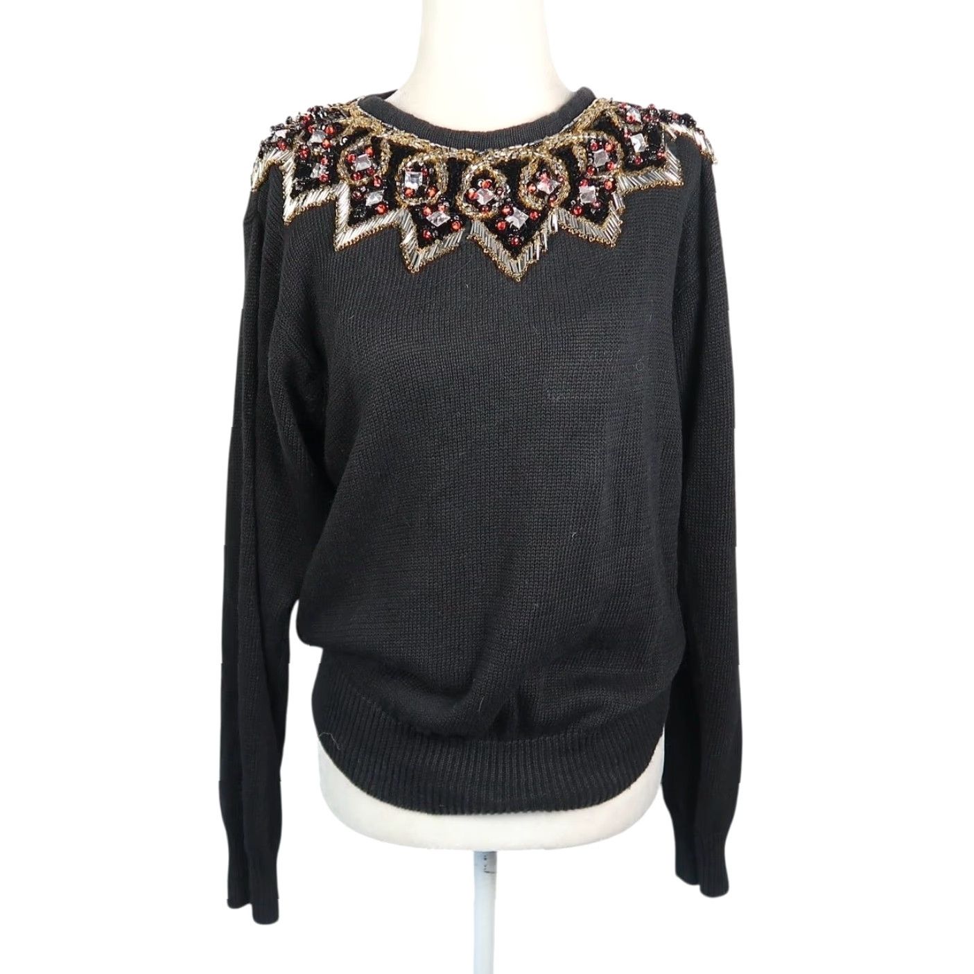Vintage VINTAGE Lindsey Blake Beaded Jewel Pullover Sweater M Black Women Pullover 80s 90s Fall Winter Knit Cotton Ramie Long Sleeve Mens? Size M / US 6-8 / IT 42-44 - 2 Thumbnail