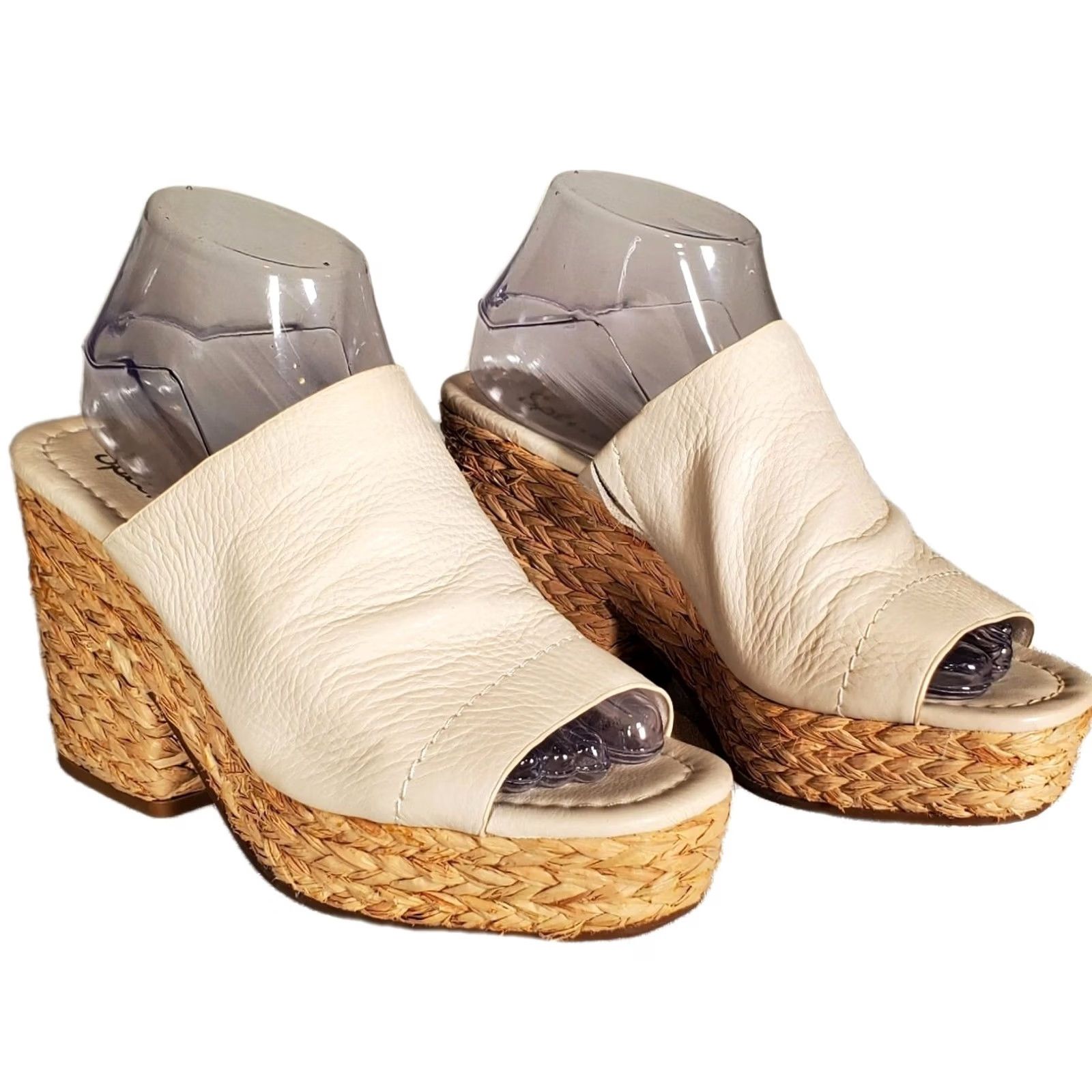 Splendid Splendid Theodore Cream Leather Raffia Peep-Toe Mules Women's Size US 9 M New Size US 9 / IT 39 - 2 Thumbnail