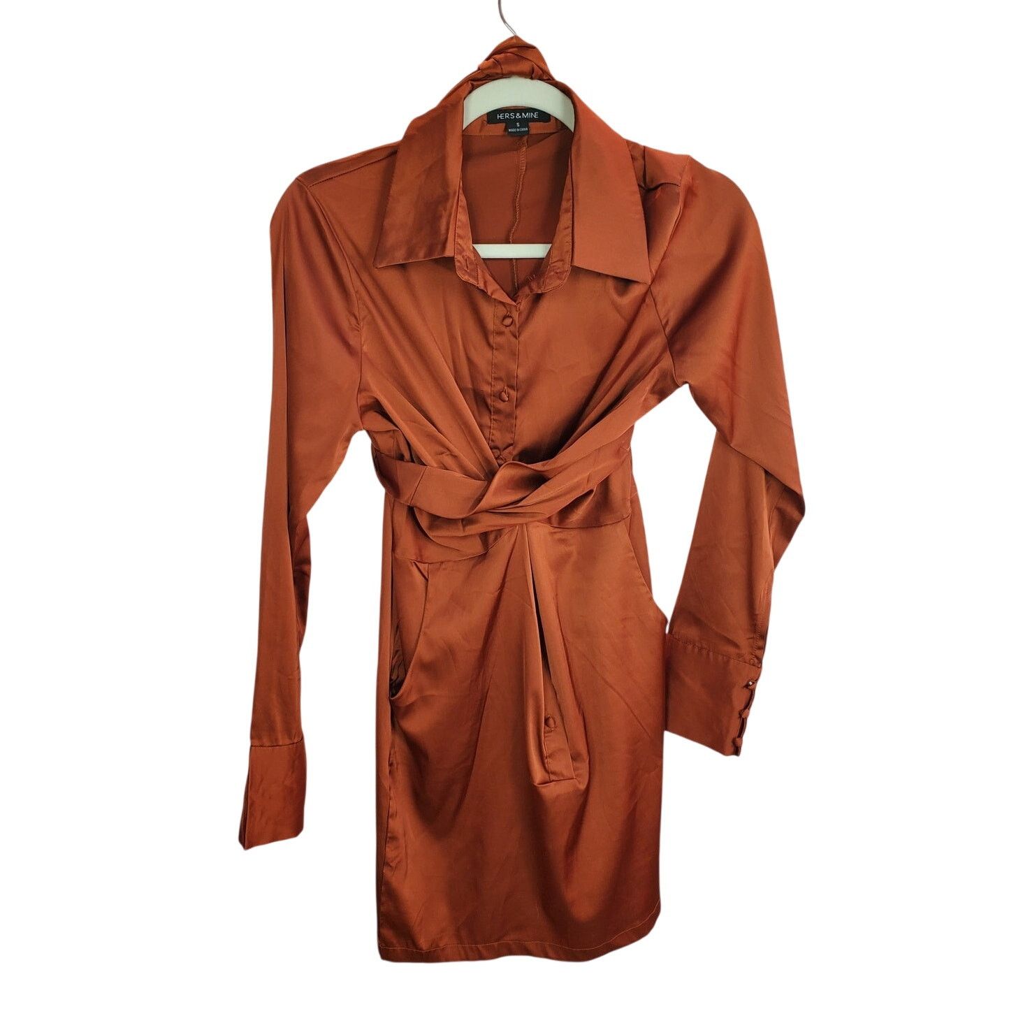 Other Hers & Mine Rust Satin Button Long Sleeve Shirt Dress Size S Size S / US 4 / IT 40 - 1 Thumbnail