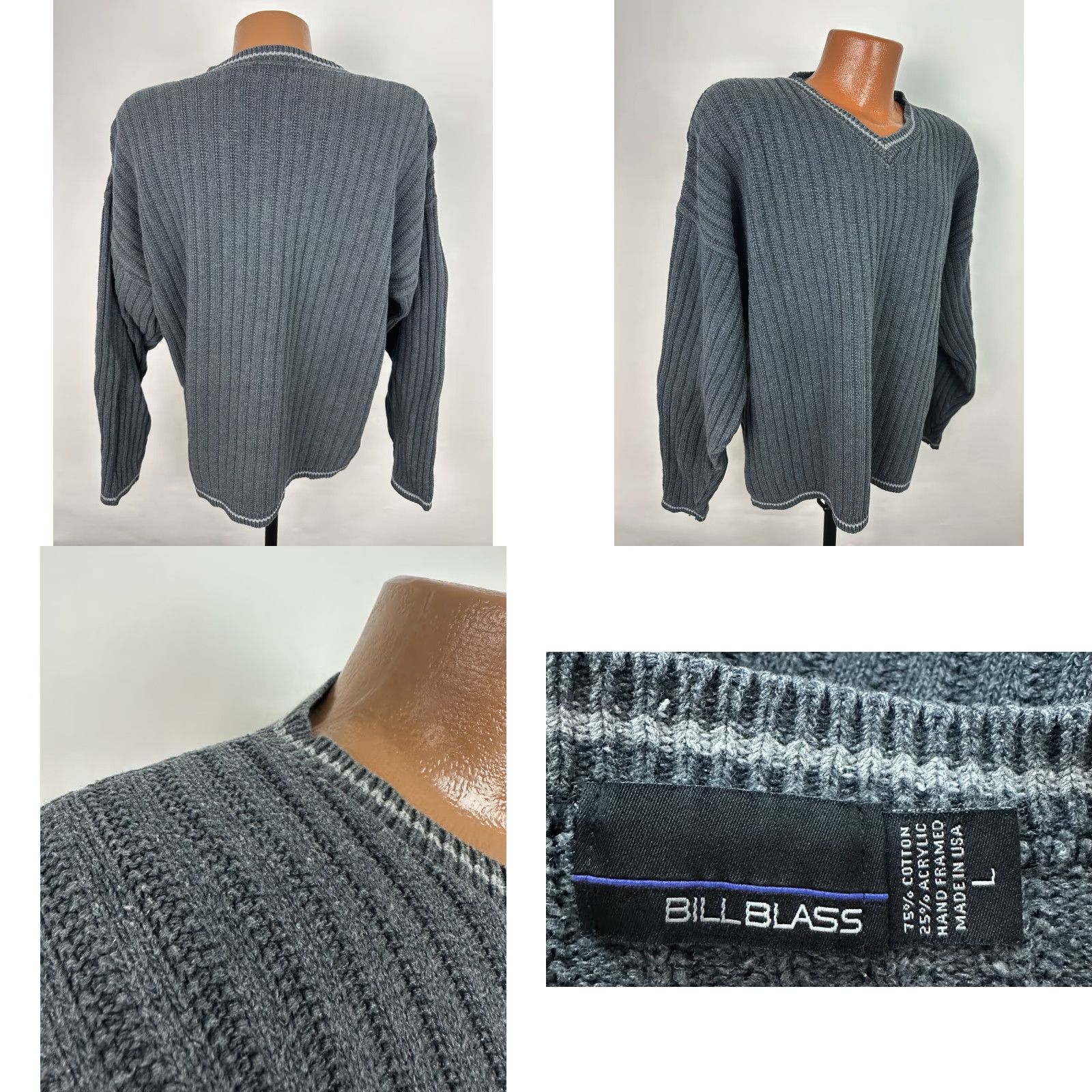 Bill Blass VINTAGE Bill Blass V-Neck Sweater Men L Gray Cotton Knit Heavyweight 90s 80s Retro Casual Size US L / EU 52-54 / 3 - 8 Thumbnail