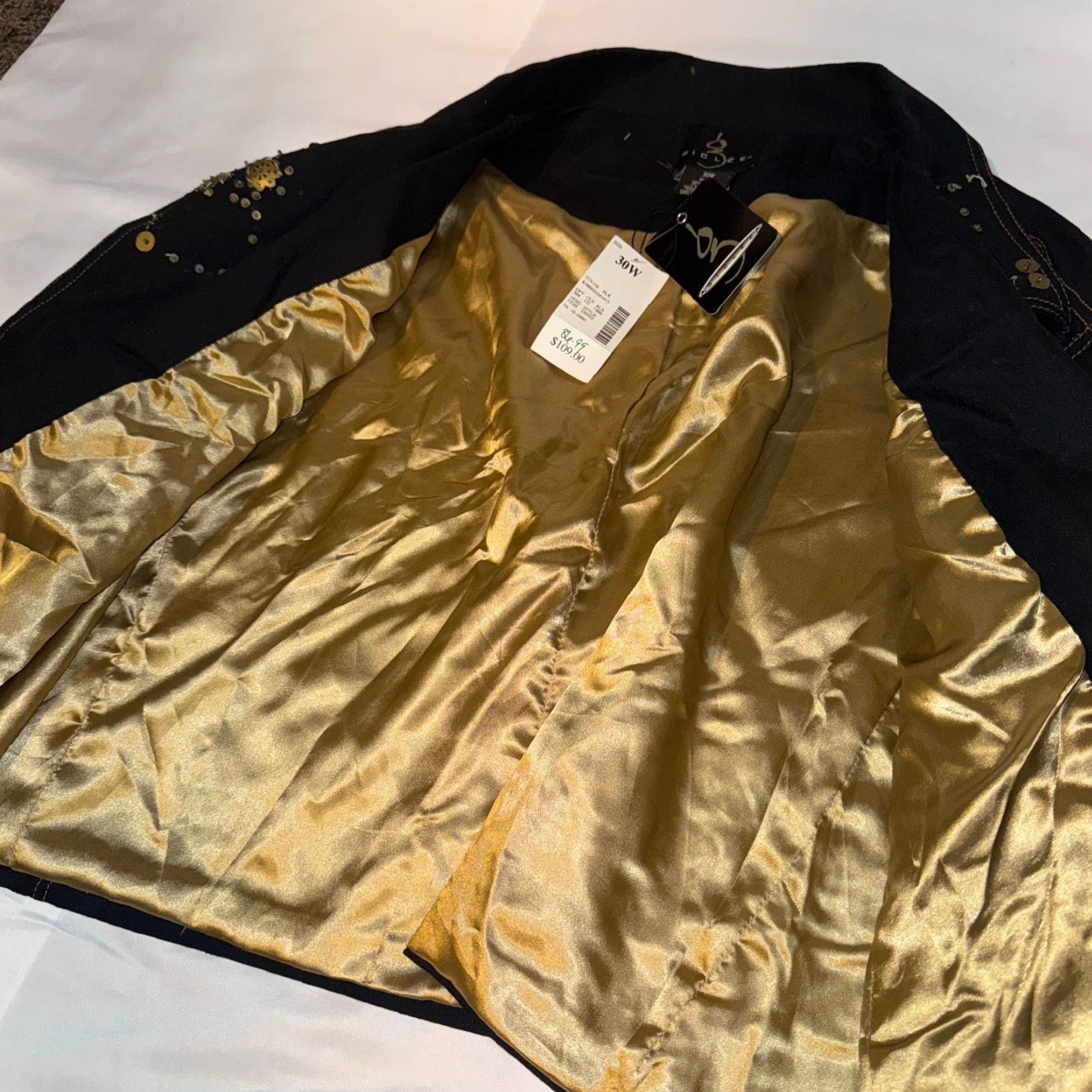 Denime Giclee Denim Jacket 30W Gold Lining & Gold Sequined Floral Embilsihed NWT Size 4XL / US 24-26 - 7 Thumbnail