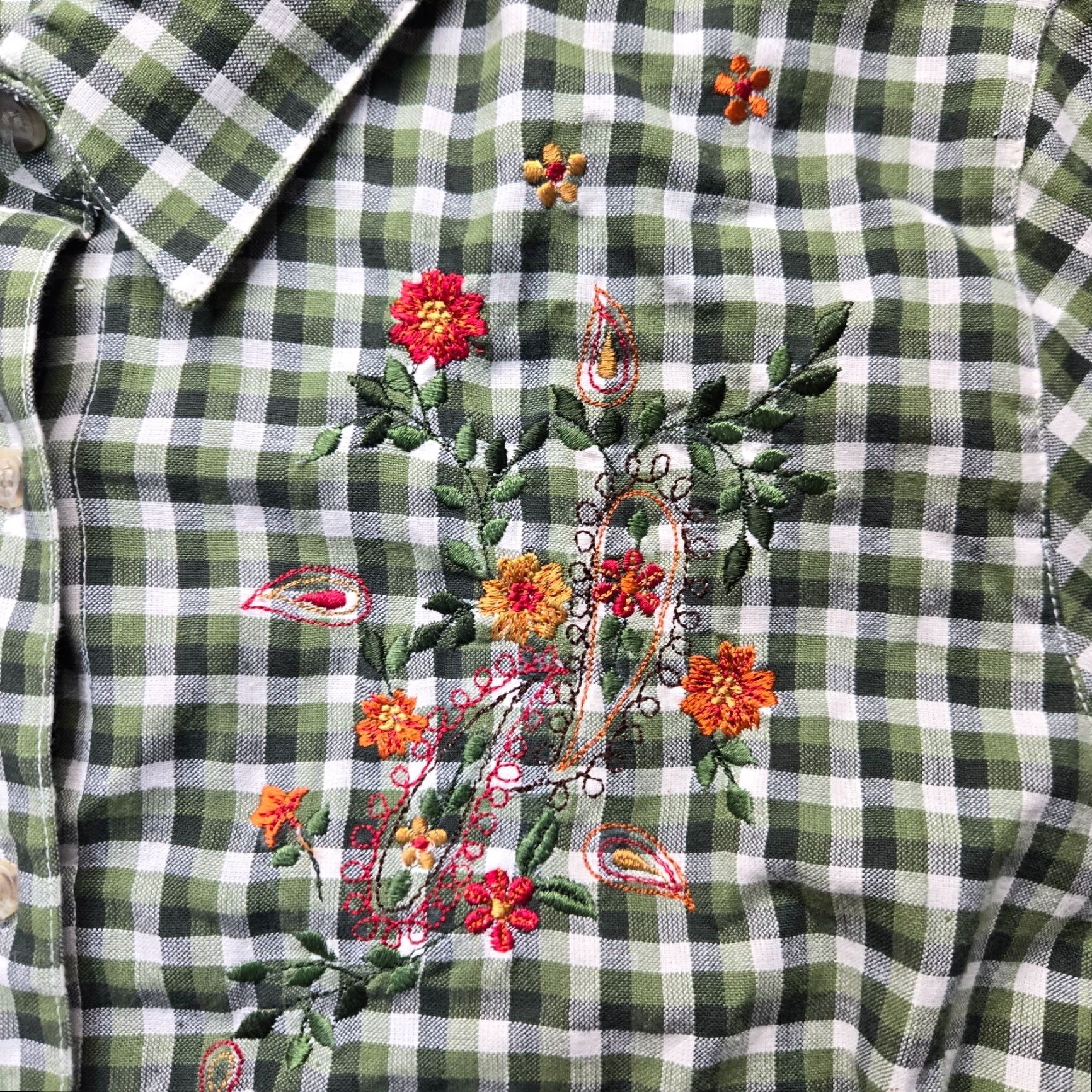Olive Cabin Creek Shirt Blouse Button Up Green Olive Checkered Embroidery Adult PL Size L / US 10 / IT 46 - 2 Thumbnail