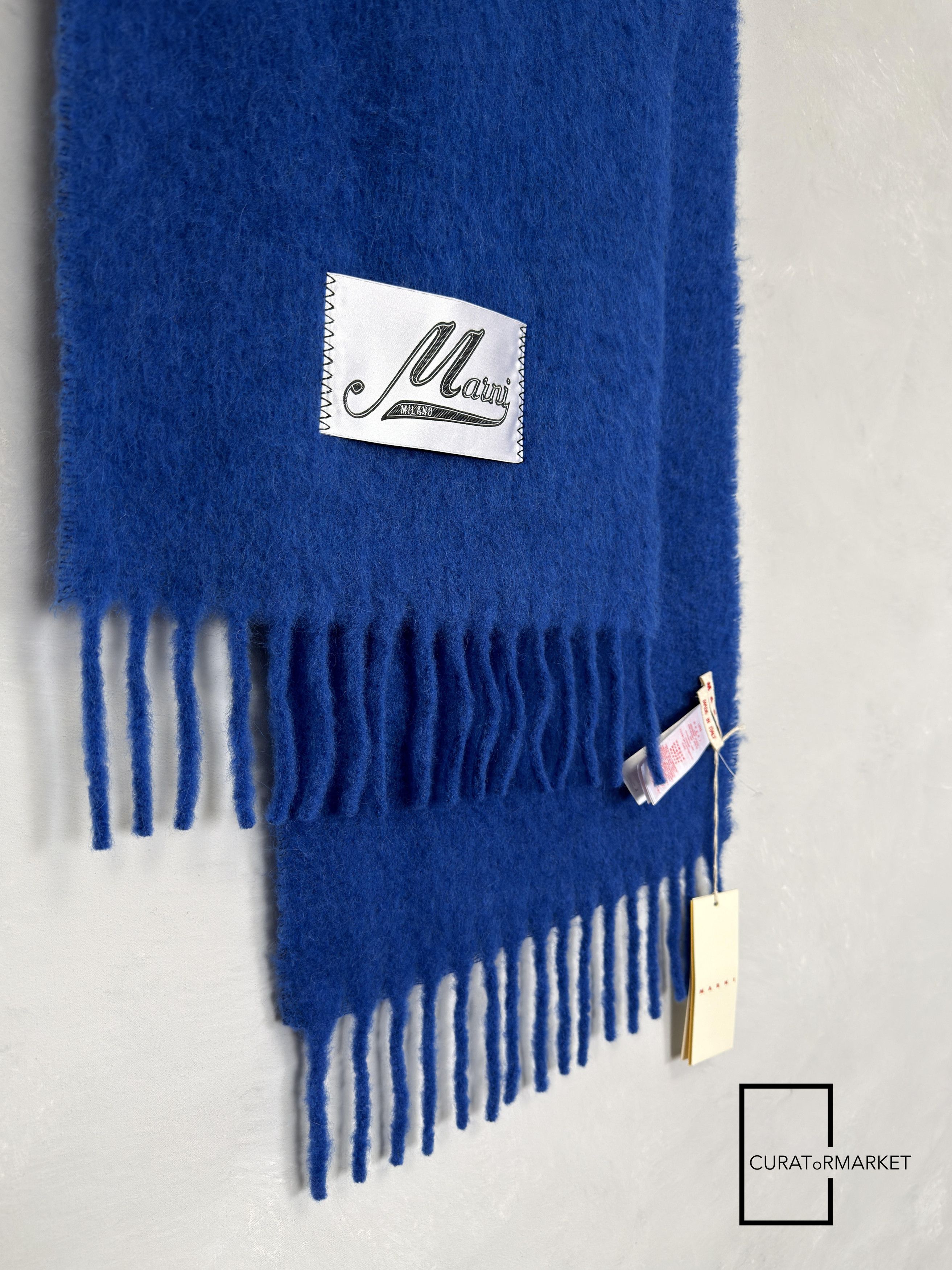 Marni Embroidered Logo Alpaca Felted Wool Classic Blue Scarf FW25 Size ONE SIZE - 4 Thumbnail