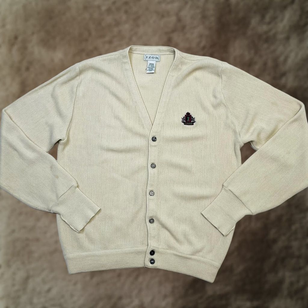 Izod VINTAGE Izod Cardigan Sweater Mens M Cream Crest Logo 90s Lightweight Knit Size US M / EU 48-50 / 2 - 1 Thumbnail