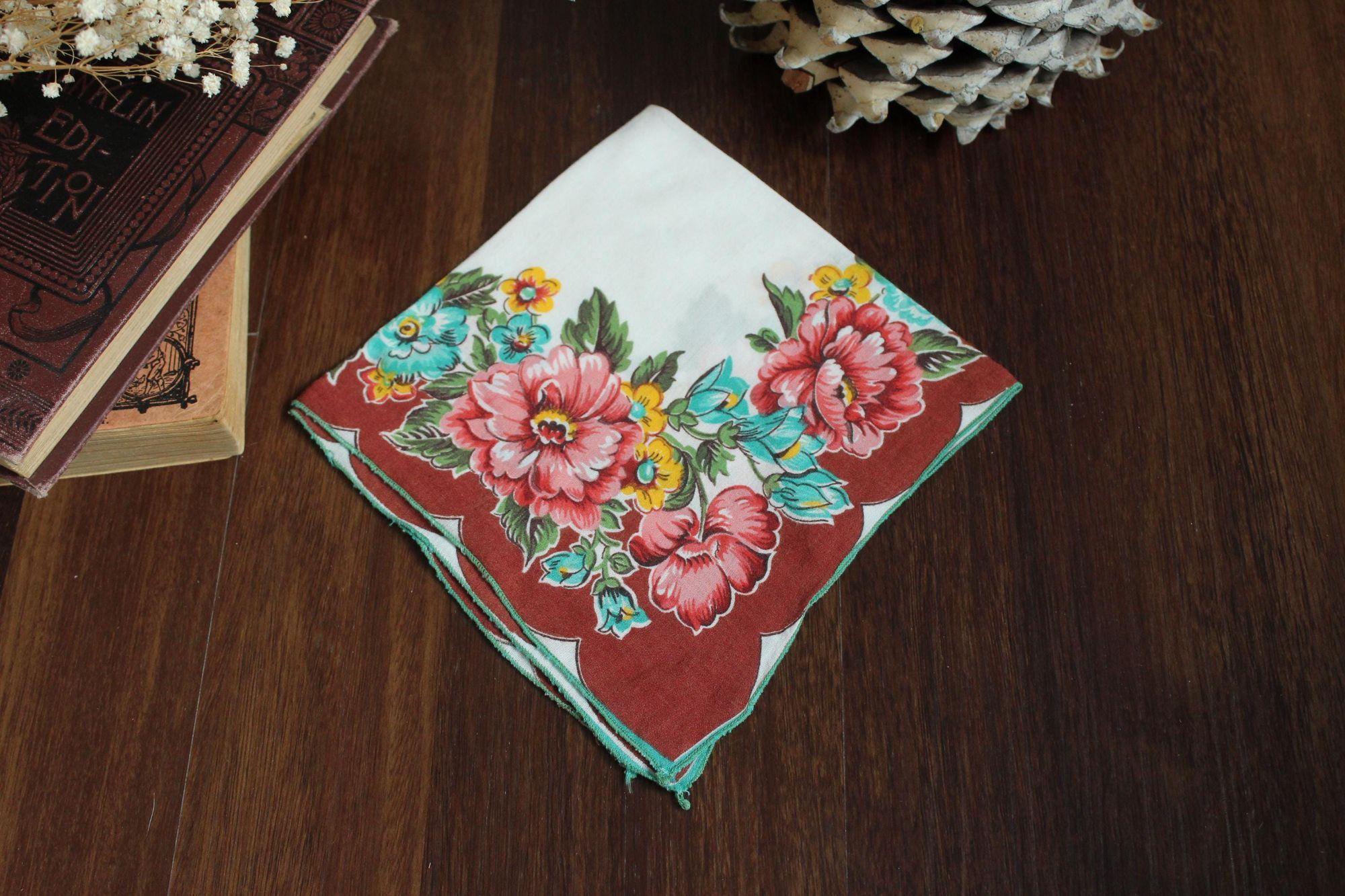 Vintage Vintage Handkerchief, Brown and Teal Wildflower Floral Print Size ONE SIZE - 2 Thumbnail
