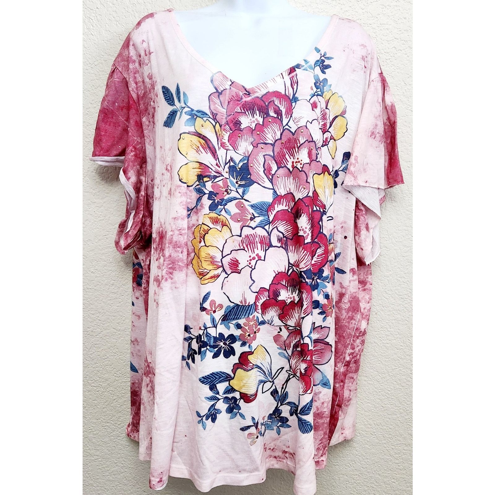 Other Terra & Sky Pink Blue Yellow Floral Print Blouse 4X 28W 30W Size 4XL / US 24-26 - 1 Thumbnail