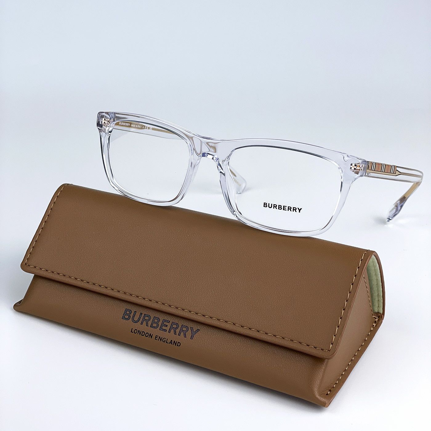 image of New Burberry Be2334 Elm 3024 Rectangle Unisex Eyeglasses in Transparent/Demo, Men's
