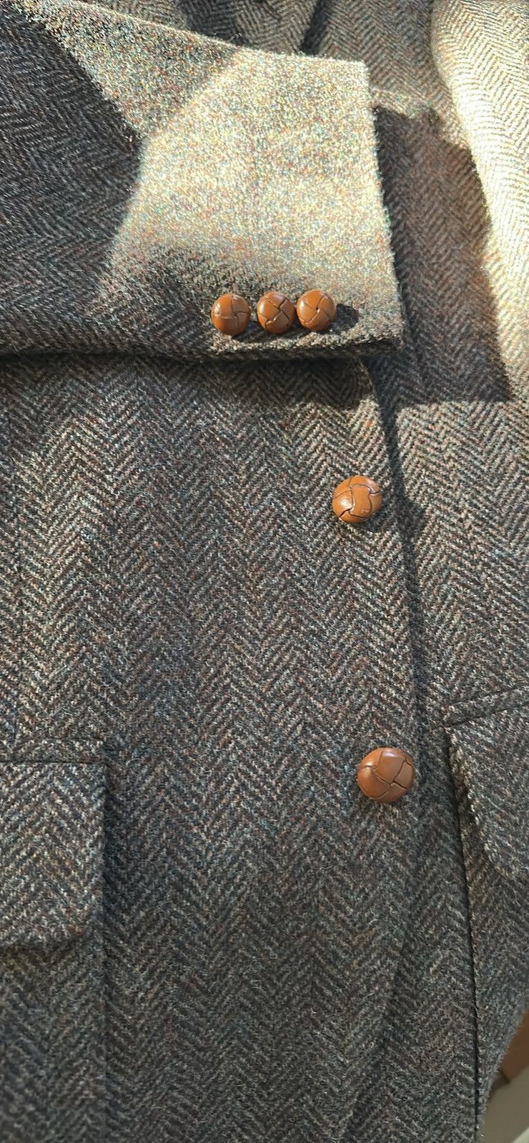 Other Vintage 100% Wool Herringbone Tweed Blazer w Leather Buttons Size 40R - 3 Thumbnail