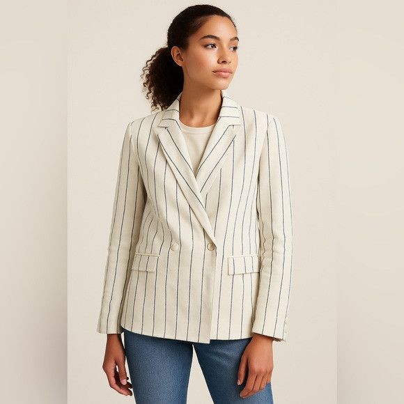 Other GAP Striped Linen Blend Blazer Sz 0 White w Navy Pinstripes Size XS / US 0-2 / IT 36-38 - 1 Thumbnail