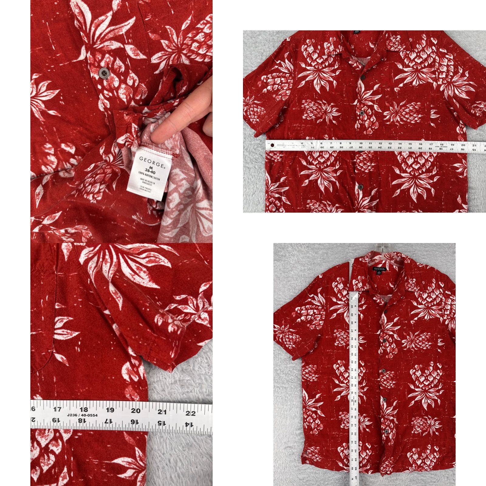 George George Men's Hawaiian Shirt Adult Medium Red Floral Button-Up 100% Rayon Size US M / EU 48-50 / 2 - 8 Thumbnail