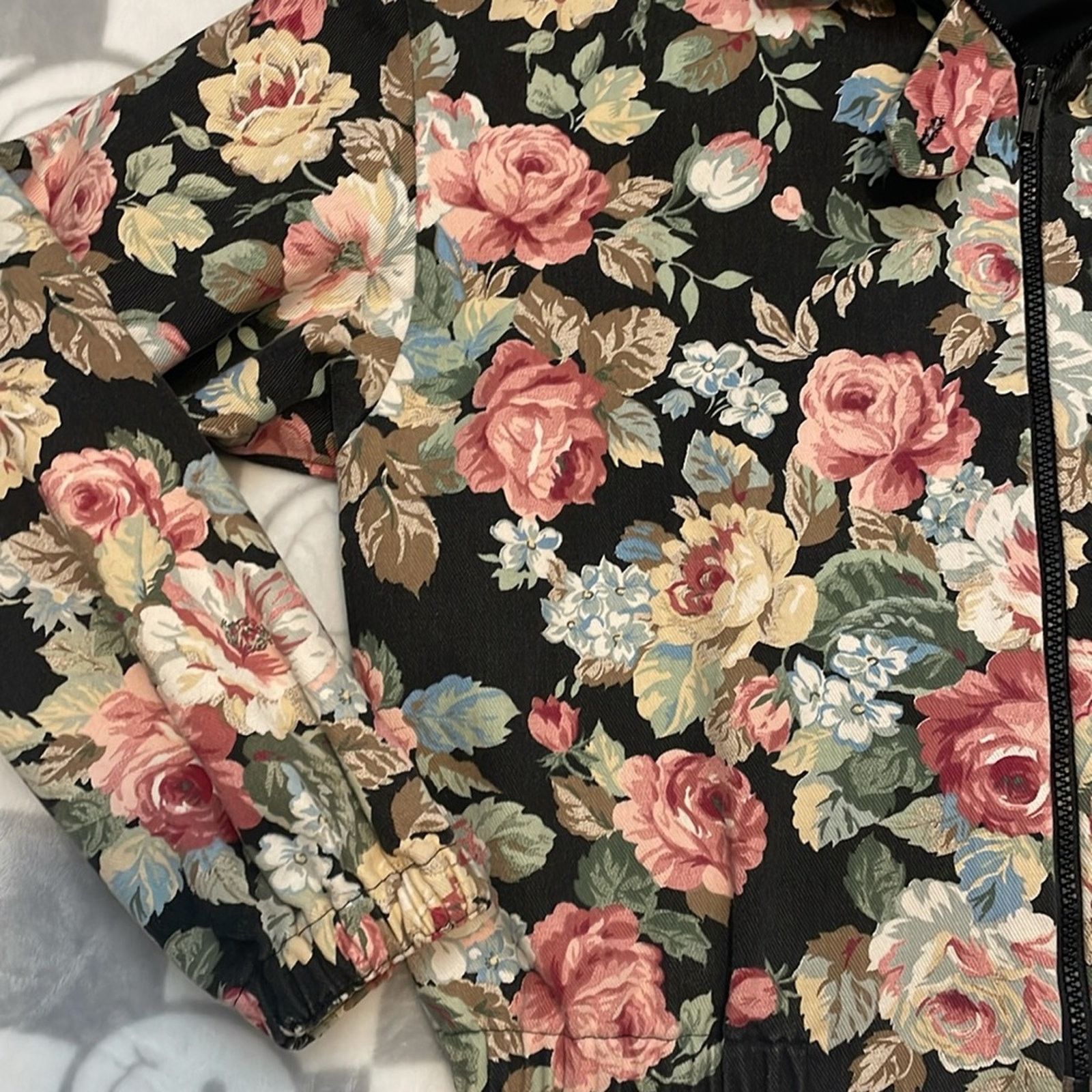 Custommade VTG TAPESTRY floral, denim collared, zip up bomber jacket m Size M / US 6-8 / IT 42-44 - 3 Thumbnail