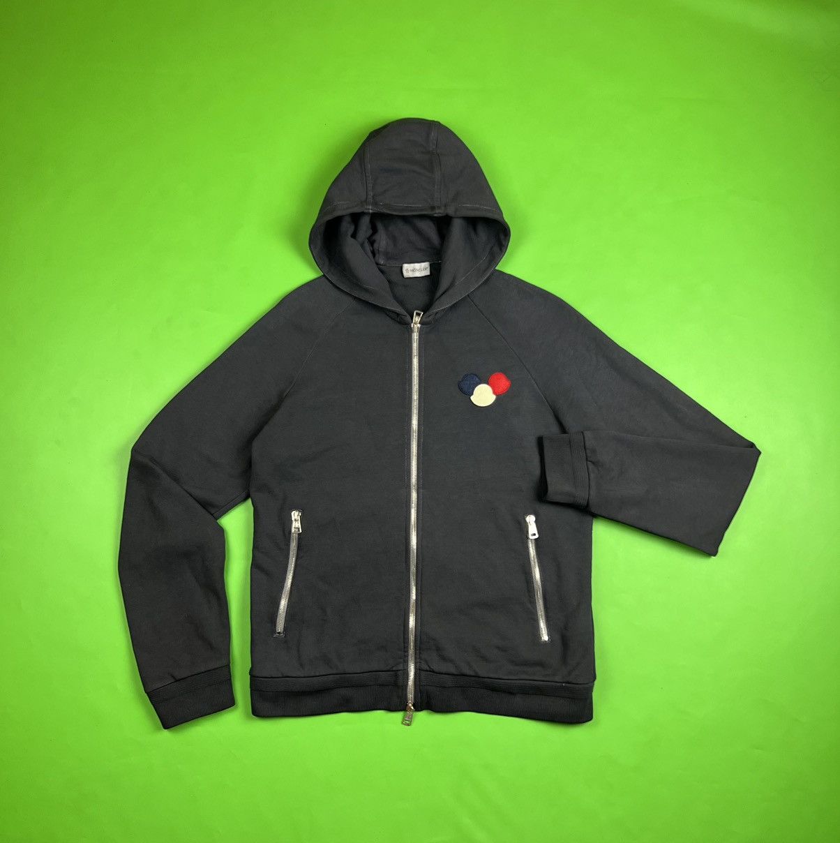 image of Moncler Triple Logo Cotton Maglia Cardigan Zip Hoodie in Black, Men's (Size Medium)