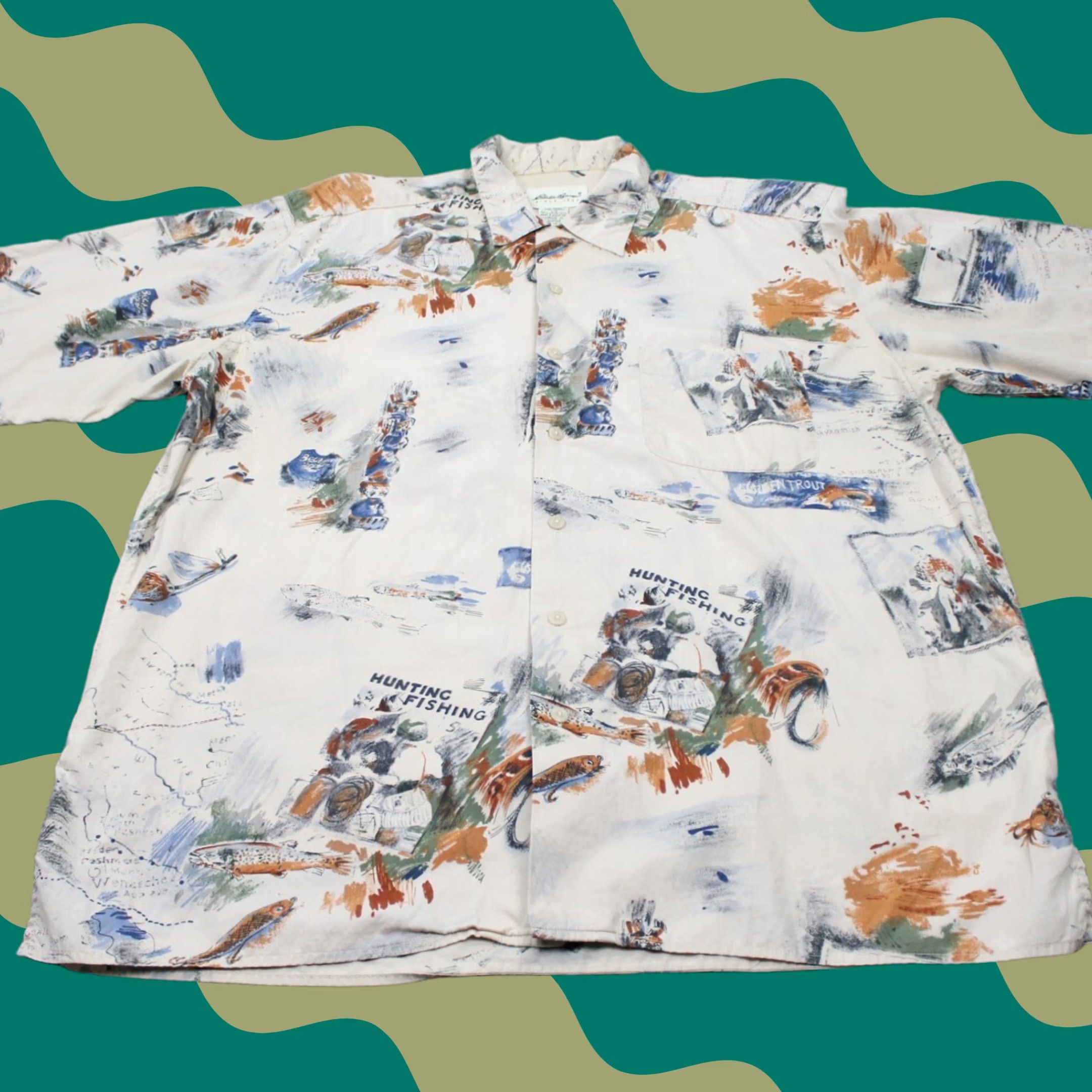 Eddie Bauer Eddie Bauer Shirt Mens Large Tan Hunting Fishing Graphic Print 100% Cotton S/S Button Up Size US L / EU 52-54 / 3 - 1 Thumbnail