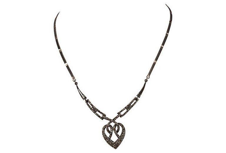 Designer Art Deco Sterling Silver Pave Marcasite Heart Necklace Size ONE SIZE - 2 Thumbnail