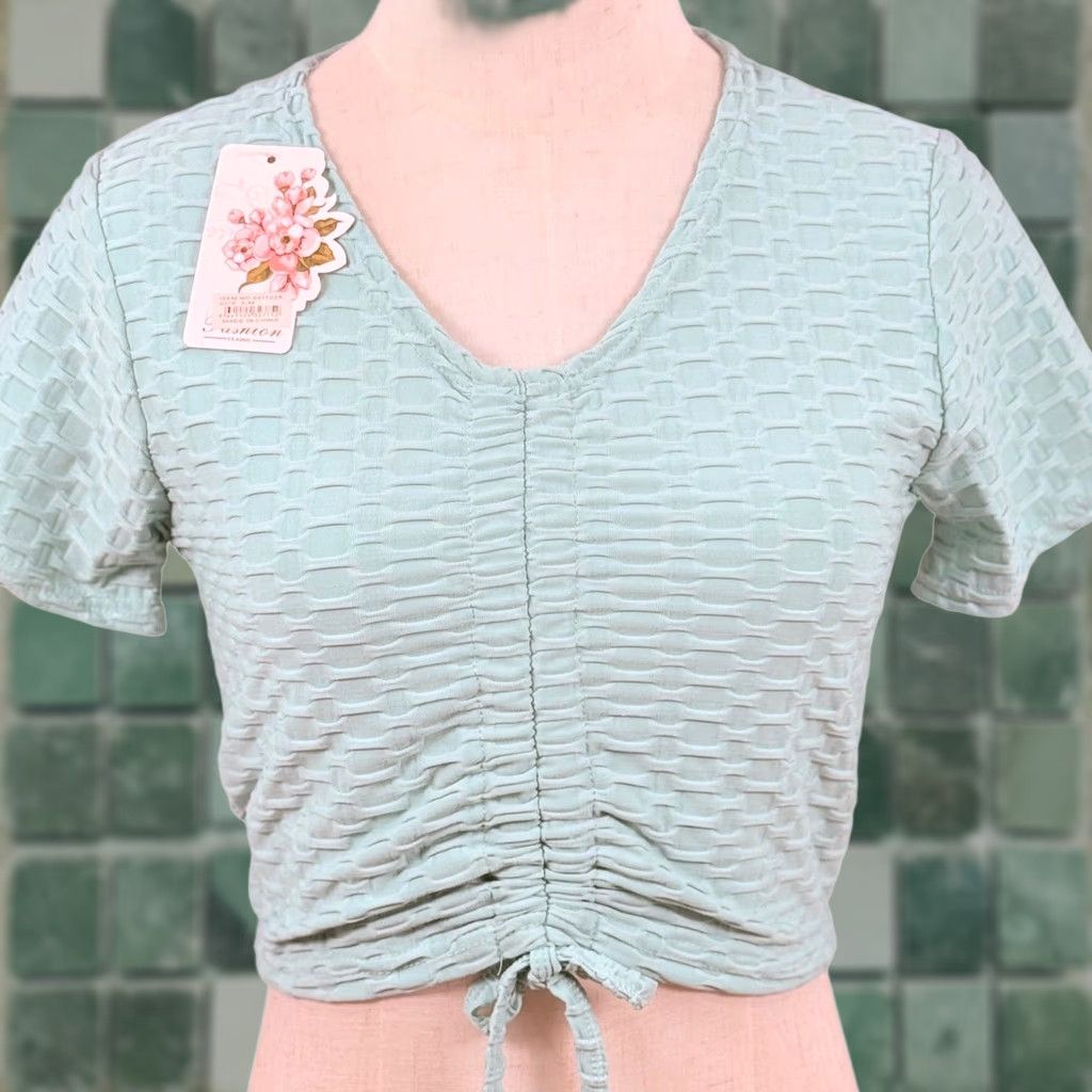 Vintage Honeycomb Bubble Knit Crop Top S/M Texture Ruched Y2K Fairycore Pastel Blue Cotton Blend Slim V-Neck Short Sleeve Cropped Tank Casual Women's Shirt Size S / US 4 / IT 40 - 1 Thumbnail