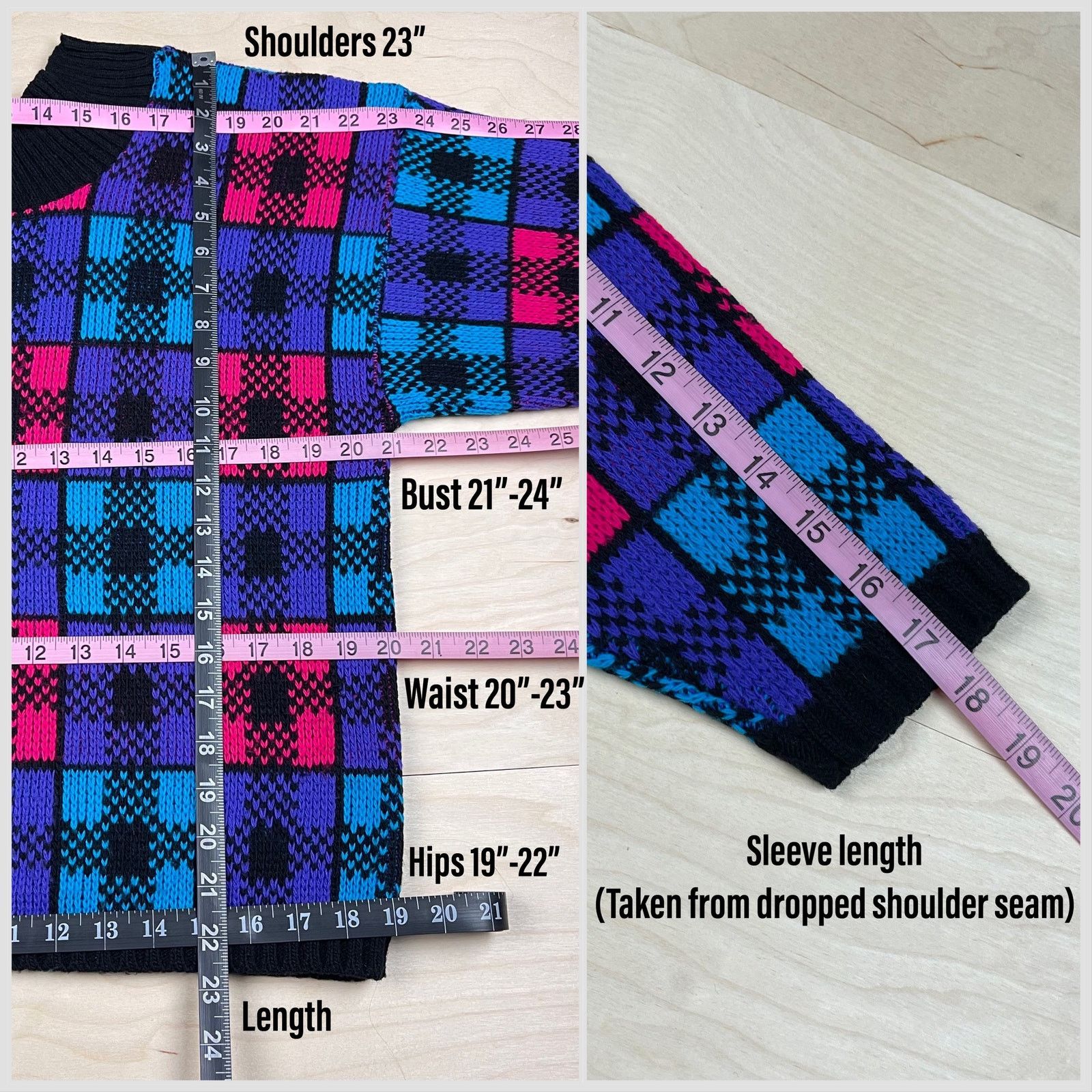 Vintage 1980s Hot Pink and Purple Plaid Cropped Pullover Sweater Size L / US 10 / IT 46 - 6 Thumbnail