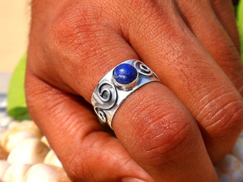 Handmade Lapis Lazuli Band Ring, Handmade Sterling Silver Ring Size ONE SIZE - 8 Thumbnail