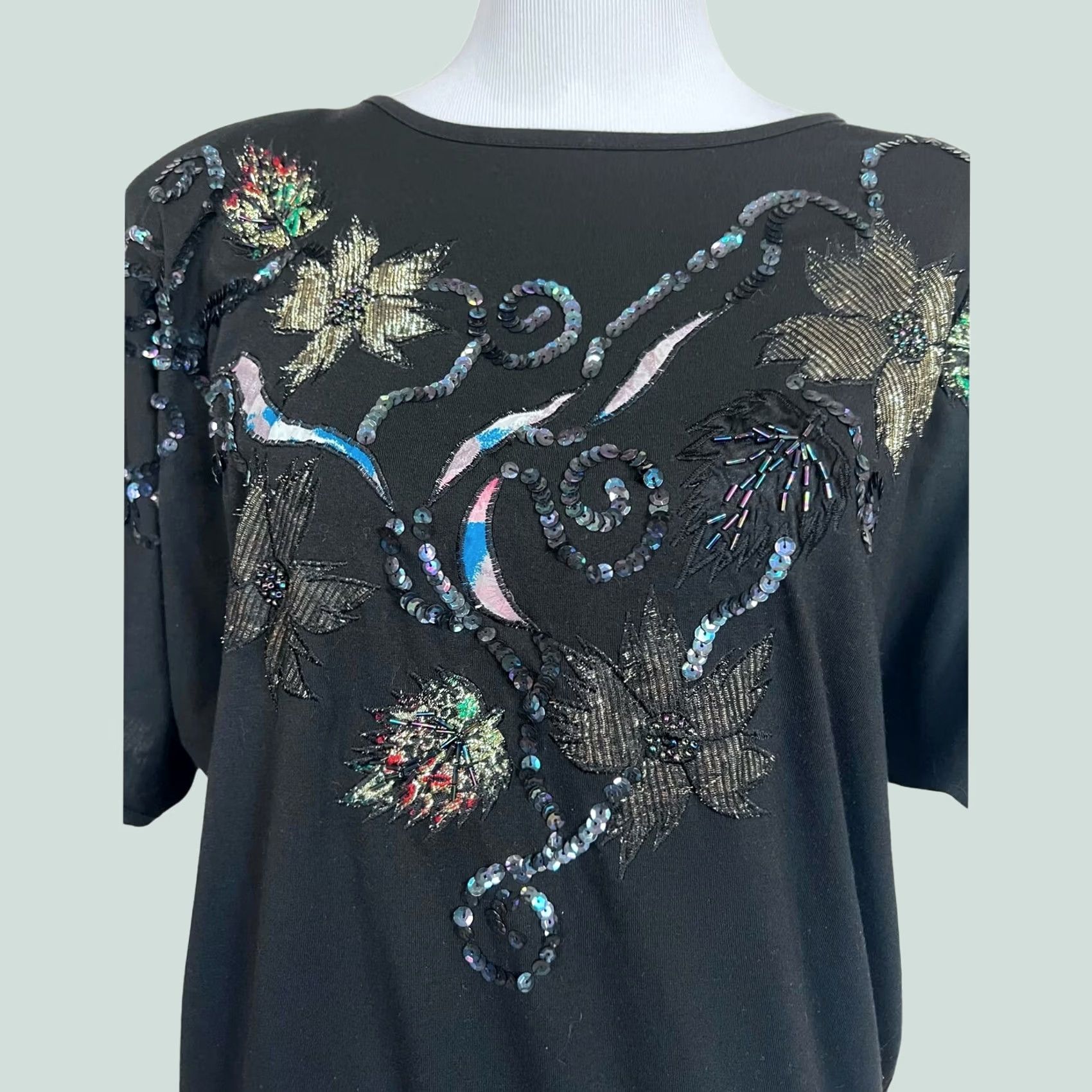 Vintage VINTAGE UNO & UNA Blouse Shirt Womens 90s Beaded Sequin Shoulder Pads Black Sz L Size L / US 10 / IT 46 - 1 Thumbnail