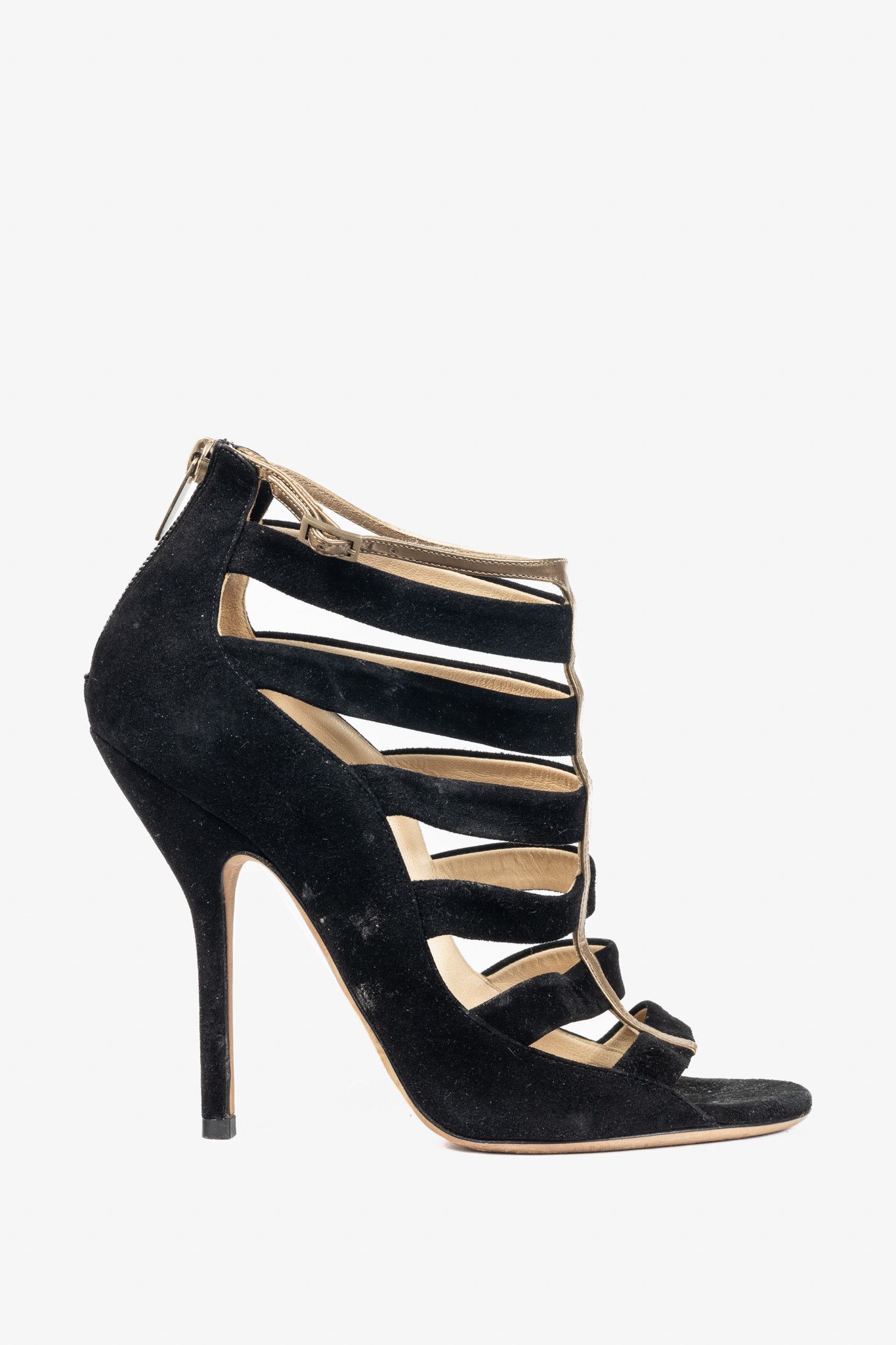 Jimmy Choo Jimmy Choo Fathom Black & Gold Suede Strappy Sandals Size US 7.5 / IT 37.5 - 1 Thumbnail