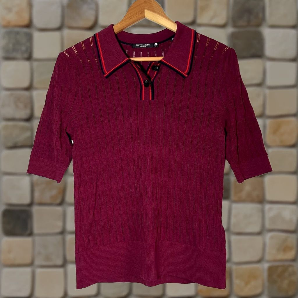 Scotch & Soda Scotch & Soda Women's Polo Shirt Women's Cable Knit Short Sleeve Pullover with Spread Collar Wine M Size M / US 6-8 / IT 42-44 - 1 Thumbnail