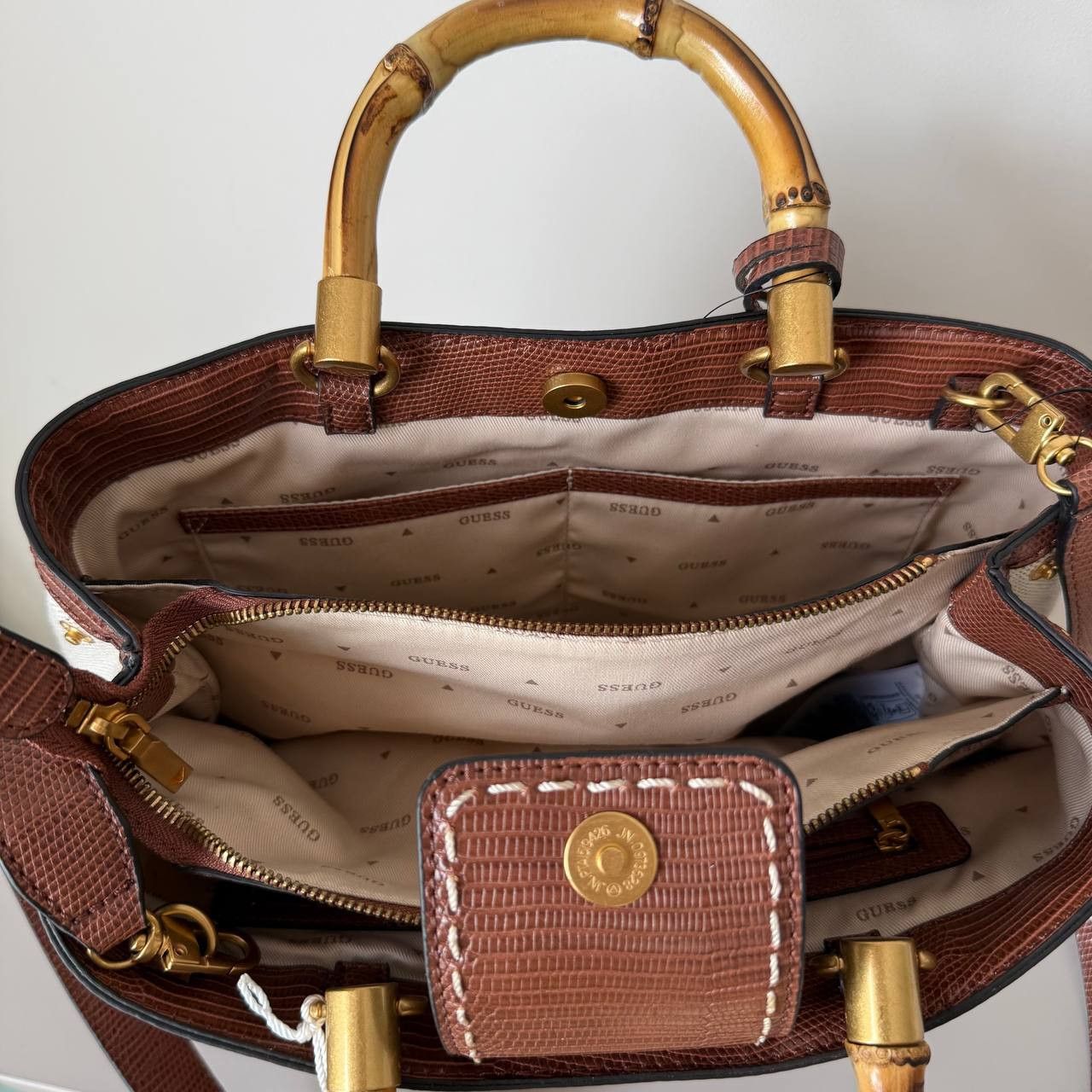 Guess Guess Zabry Bamboo Satchel Large Beige Brown Bag New Size ONE SIZE - 8 Thumbnail