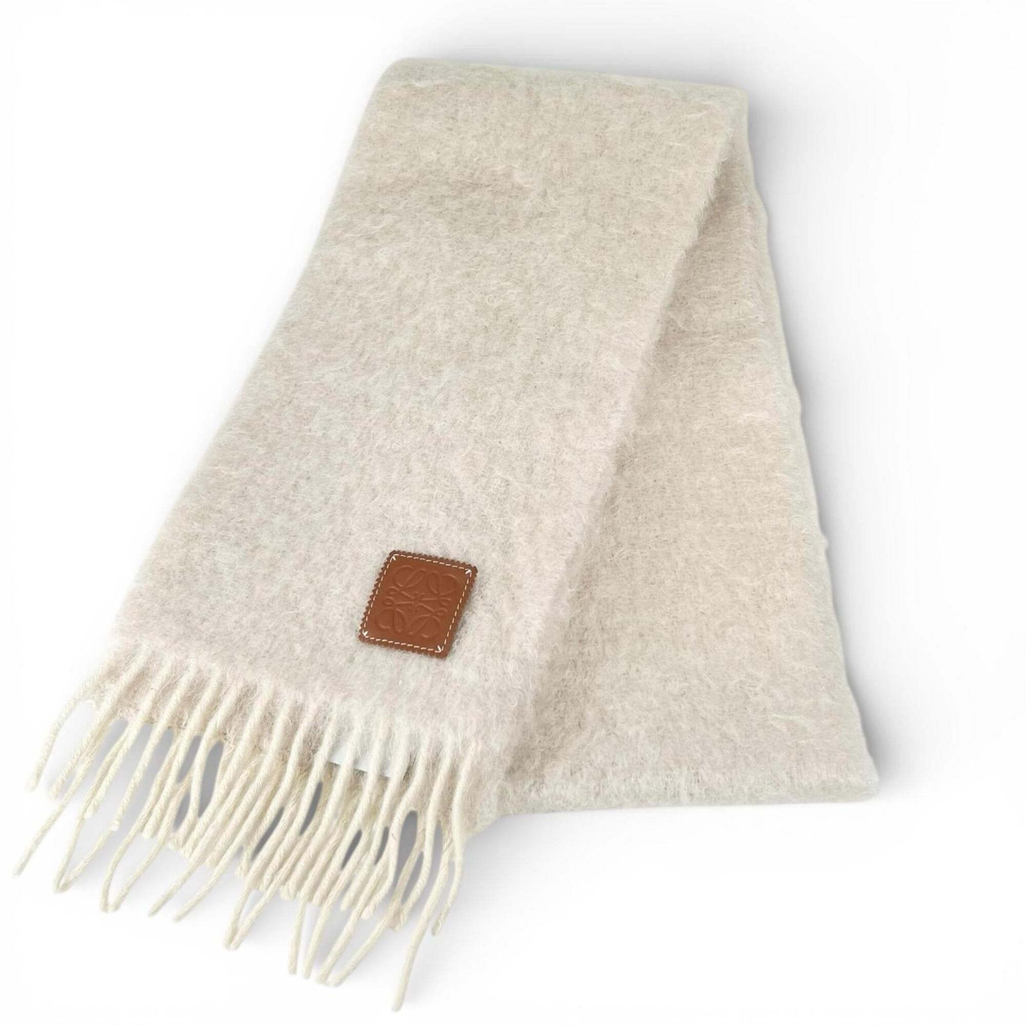 Loewe LOEWE Mohair Wool Anagram Leather Patch Fringe Stole/Scarf, White, Made in Spain, Authentic, Women's Size ONE SIZE - 1 Thumbnail
