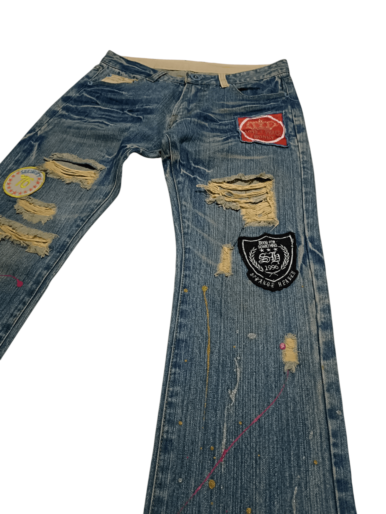 Japanese Brand × Vintage Distressed Denim Jeans Glitter Paint Hate War Size US 31 - 2 Thumbnail