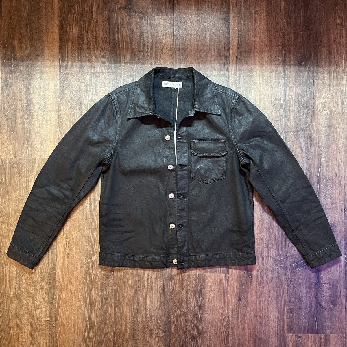image of Our Legacy Rebirth Waxed Black Denim Jacket, Men's (Size Medium)