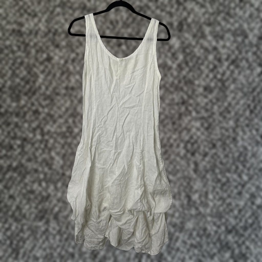 VINTAGE? No  Eileen Fisher White Linen Bustle Hem M Tank Dress V Neck Midi  Lagenlook Artsy